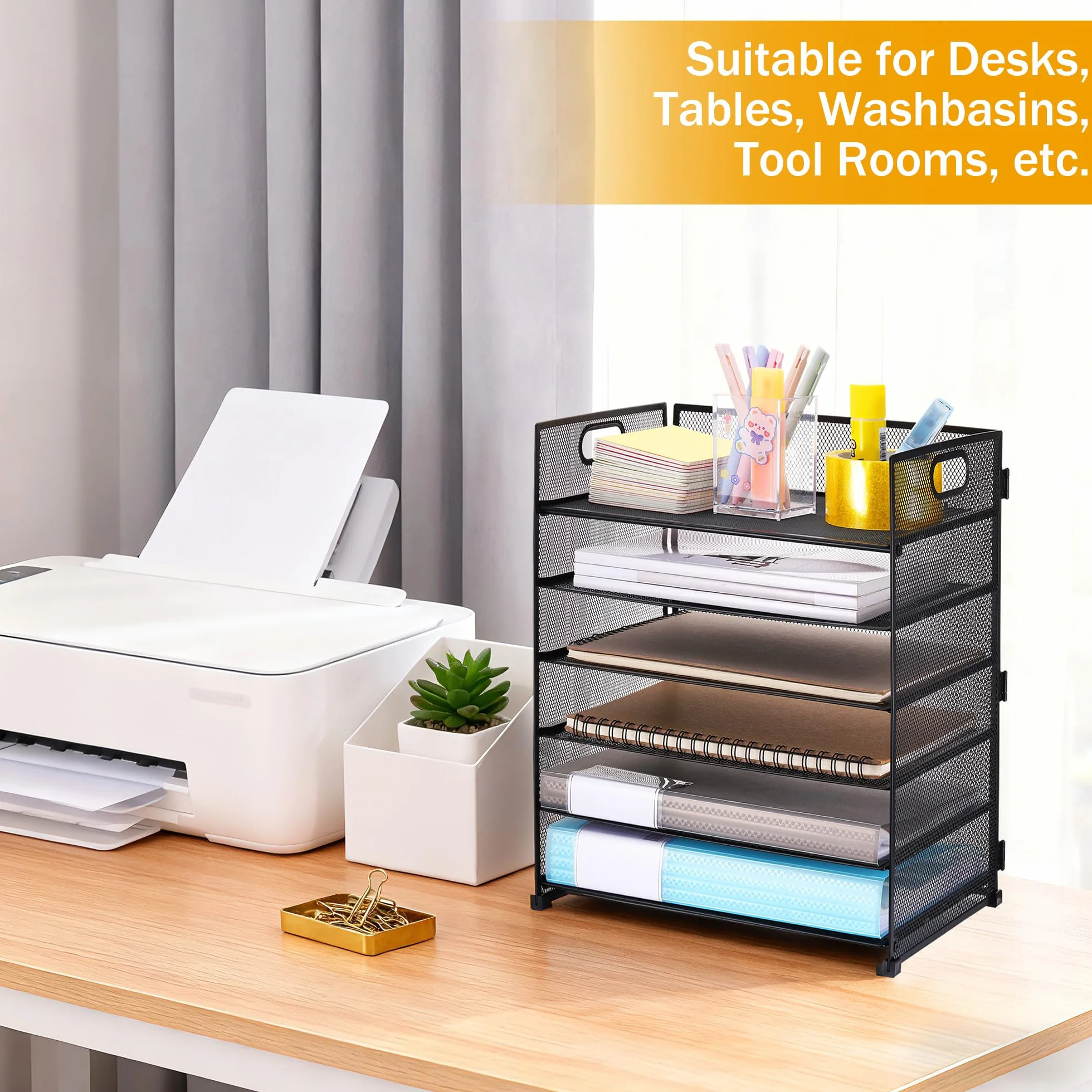 JIANTA Organizer na biurko z metalowymi szufladami, 6-piętrowa szuflada na listy i dokumenty A4, czarny organizer na biurko z metalowym uchwytem, organizer szufladowy 32x23x40cm, akcesoria biurowe na