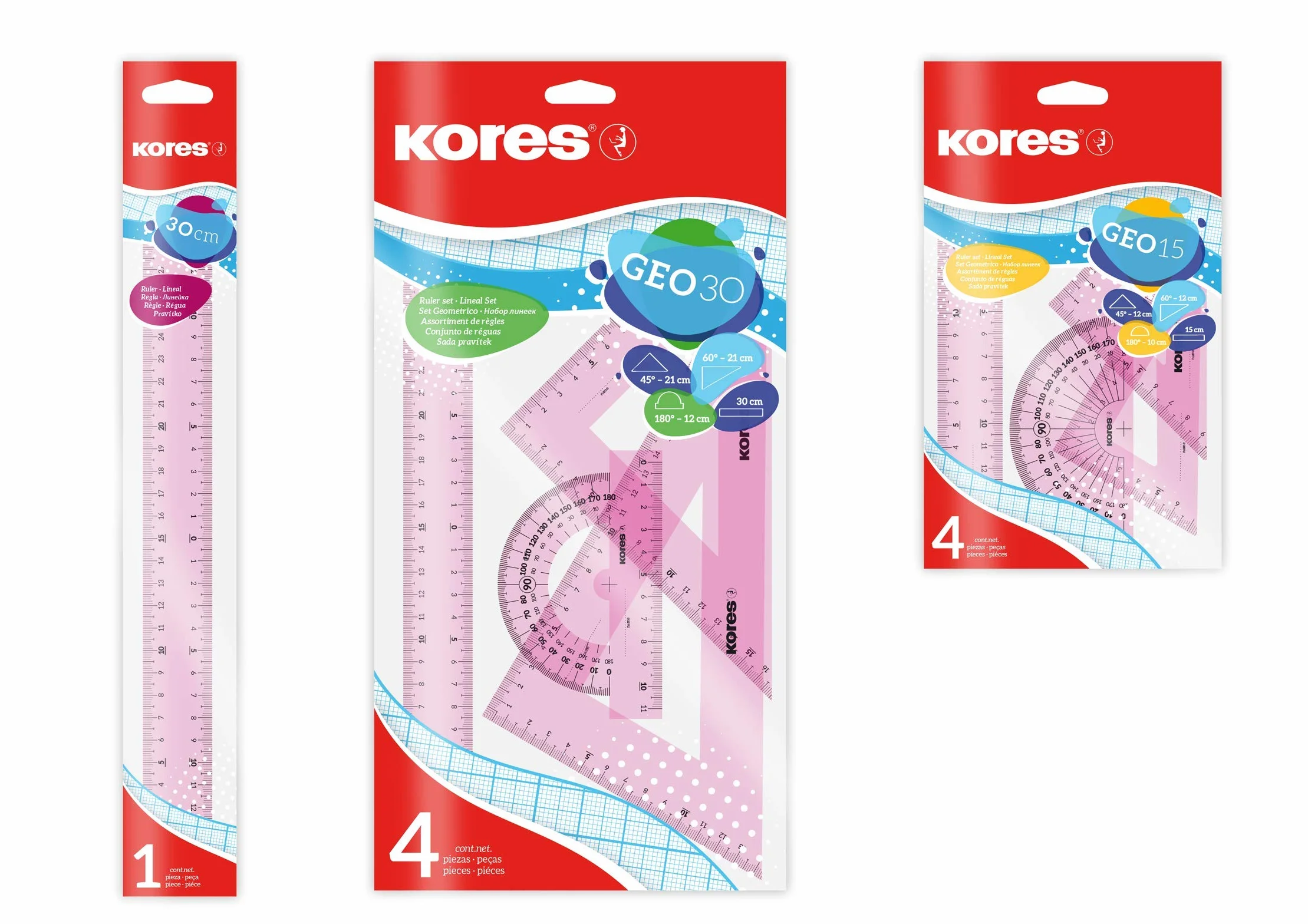 Kores Linijka LIN42104 "Geo Set 30"; zestaw składa się z: linijki 30 cm, trójkąt rysunkowy 45°/21 cm, trójkąt rysunkowy 60°/21 cm, kątomierz 180°/12 cm; z krawędzią tuszu; opakowanie do zawieszenia