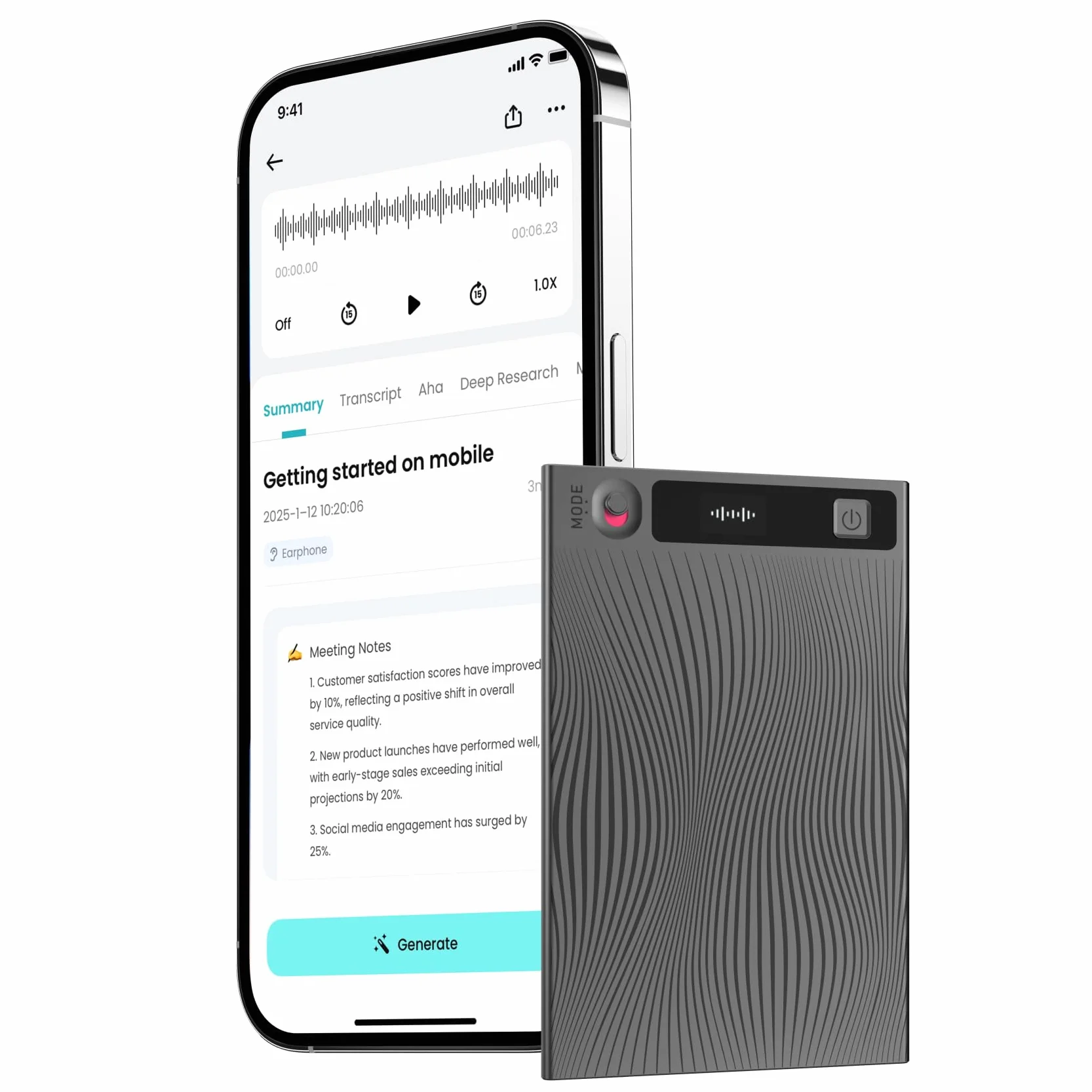 Mobvoi TicNote AI Dyktafon z pamięcią 64 GB i aplikacją Kontroluj ponad 100 języków z technologią AI Cyfrowy rejestrator dźwięku do rozmów telefonicznych Wykłady Spotkania Wywiady