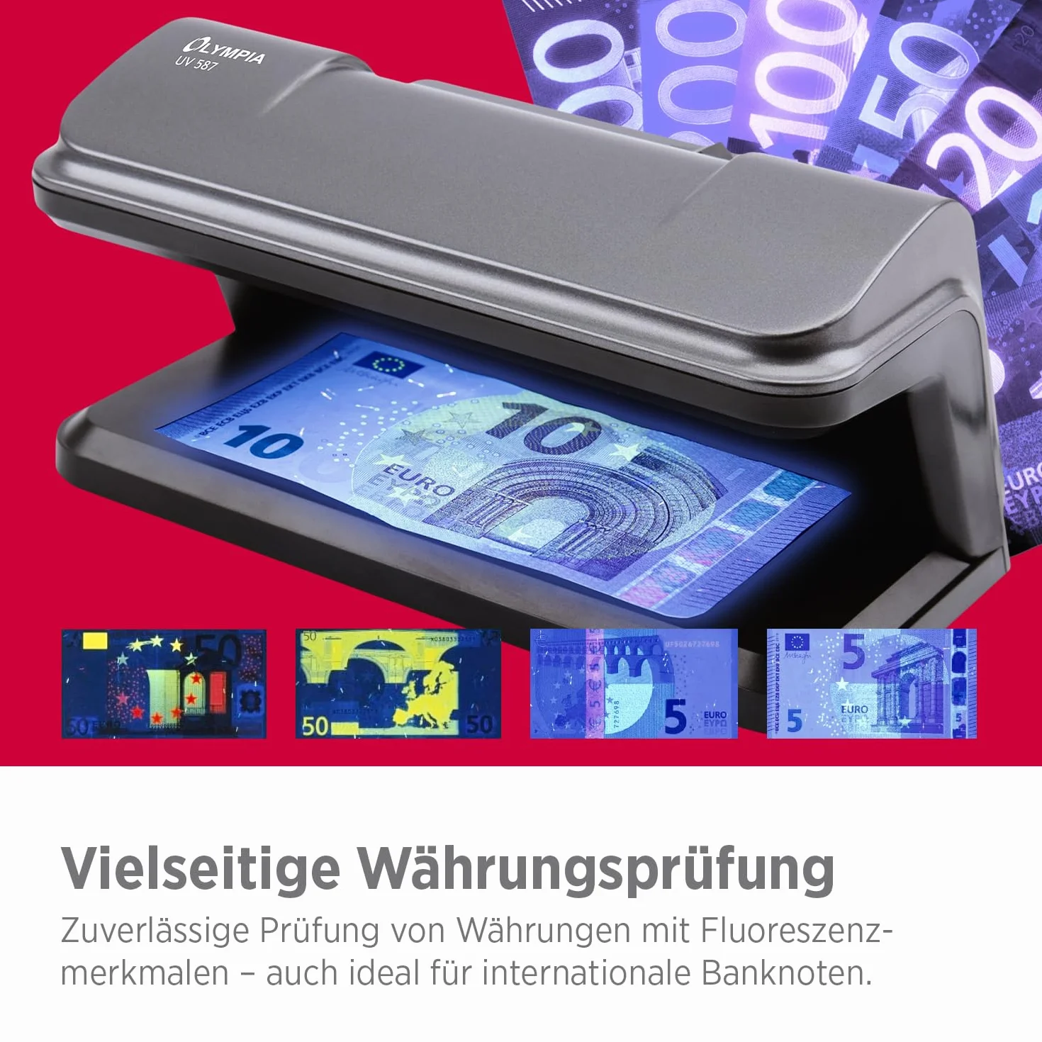 Olympia UV 587 tester banknotów – USB tester/lampa z UV LED do sprawdzania banknotów, fałszywych pieniędzy, kart kredytowych i dowodów osobistych