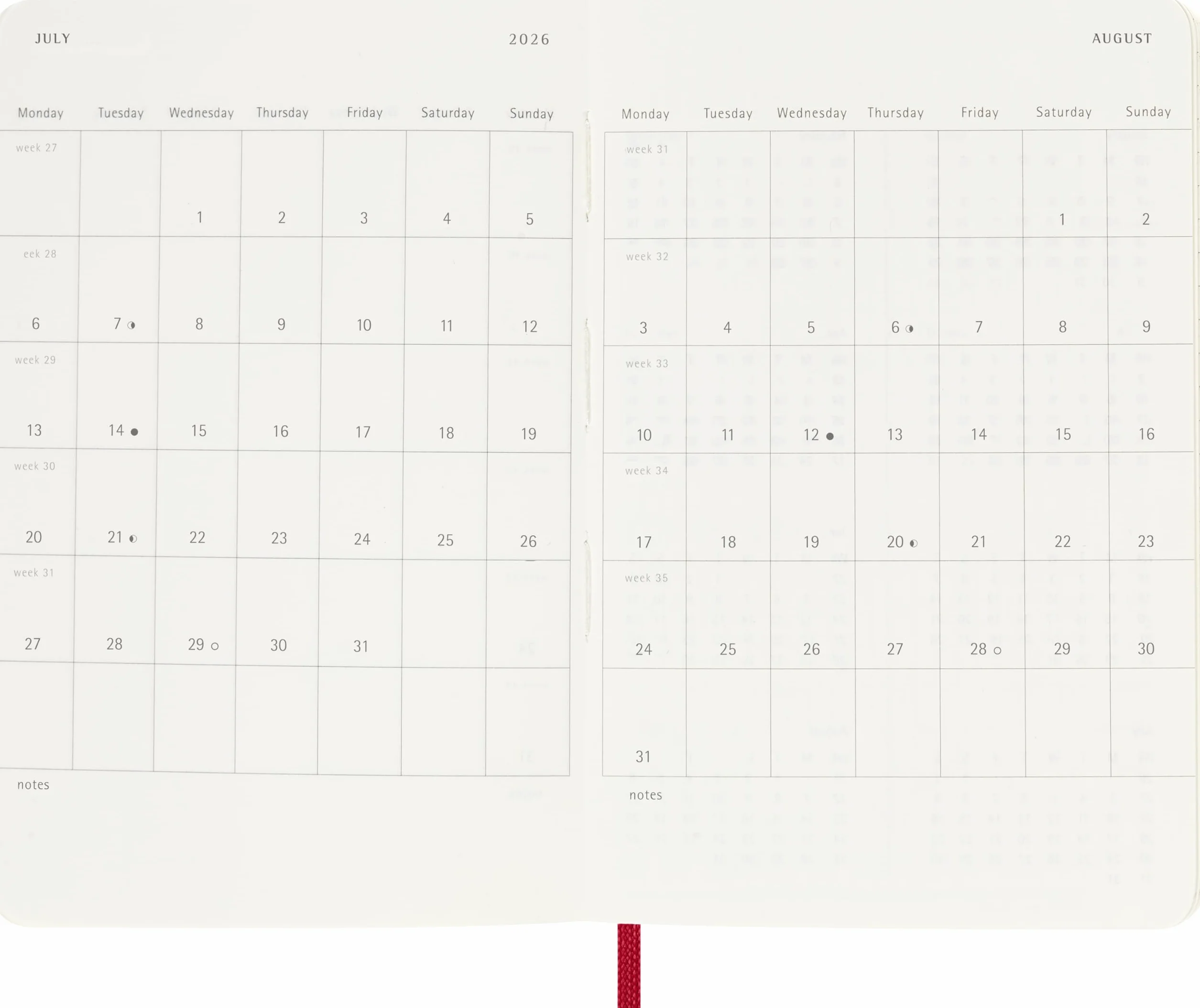 Moleskine 12 Monate Wochen Notizkalender 2026, Pocket/A6, 1 Wo = 1 Seite, rechts linierte Seite, Weicher Einband, Scharlachrot