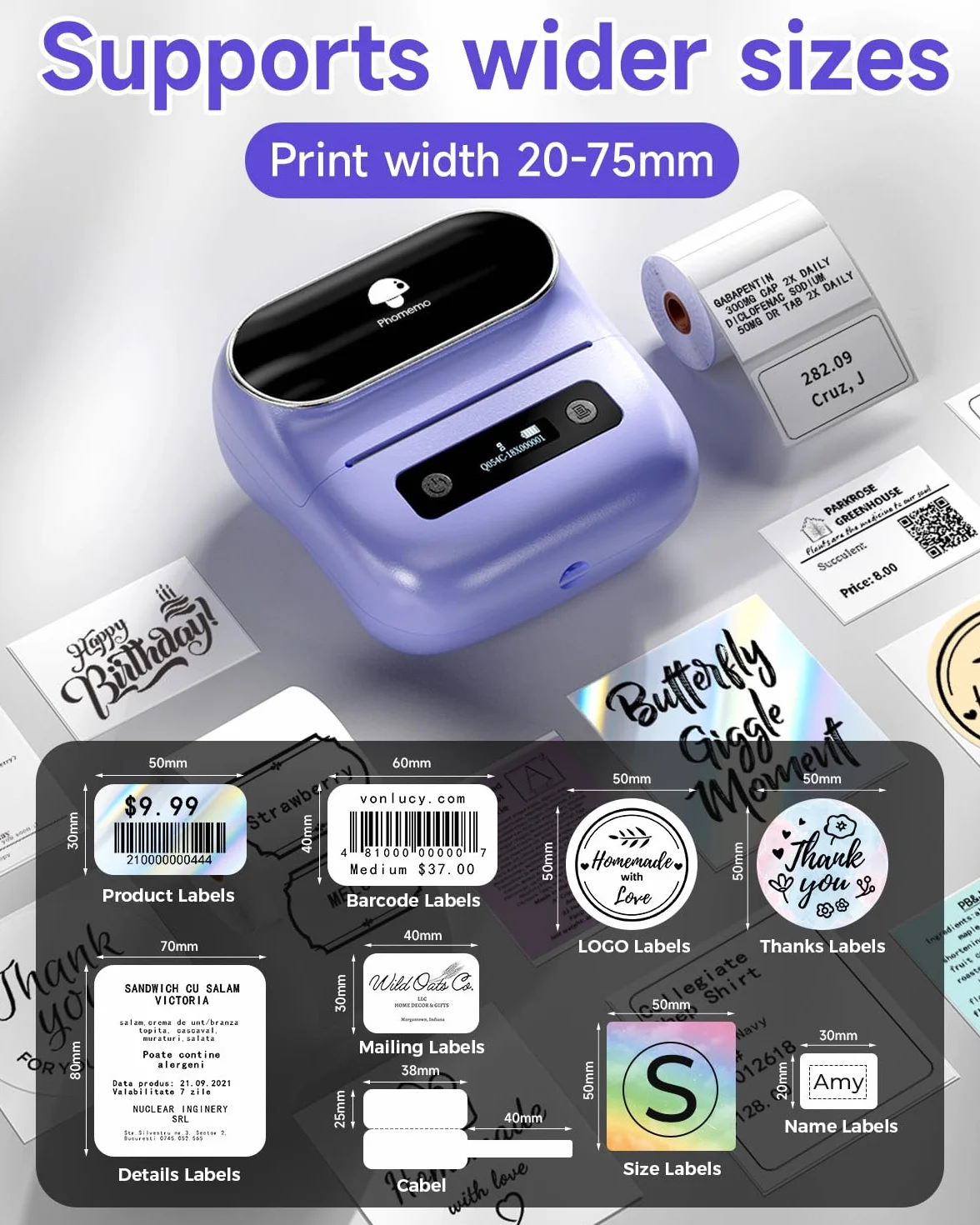 Phomemo M220 termiczna drukarka etykiet Bluetooth przenośna bezprzewodowa fioletowa