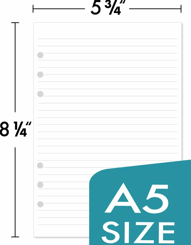 A5 Papier w linię (łącznie 100 arkuszy) 6 dziur, papier uzupełniający do Filofax A5, 14,5x21 cm