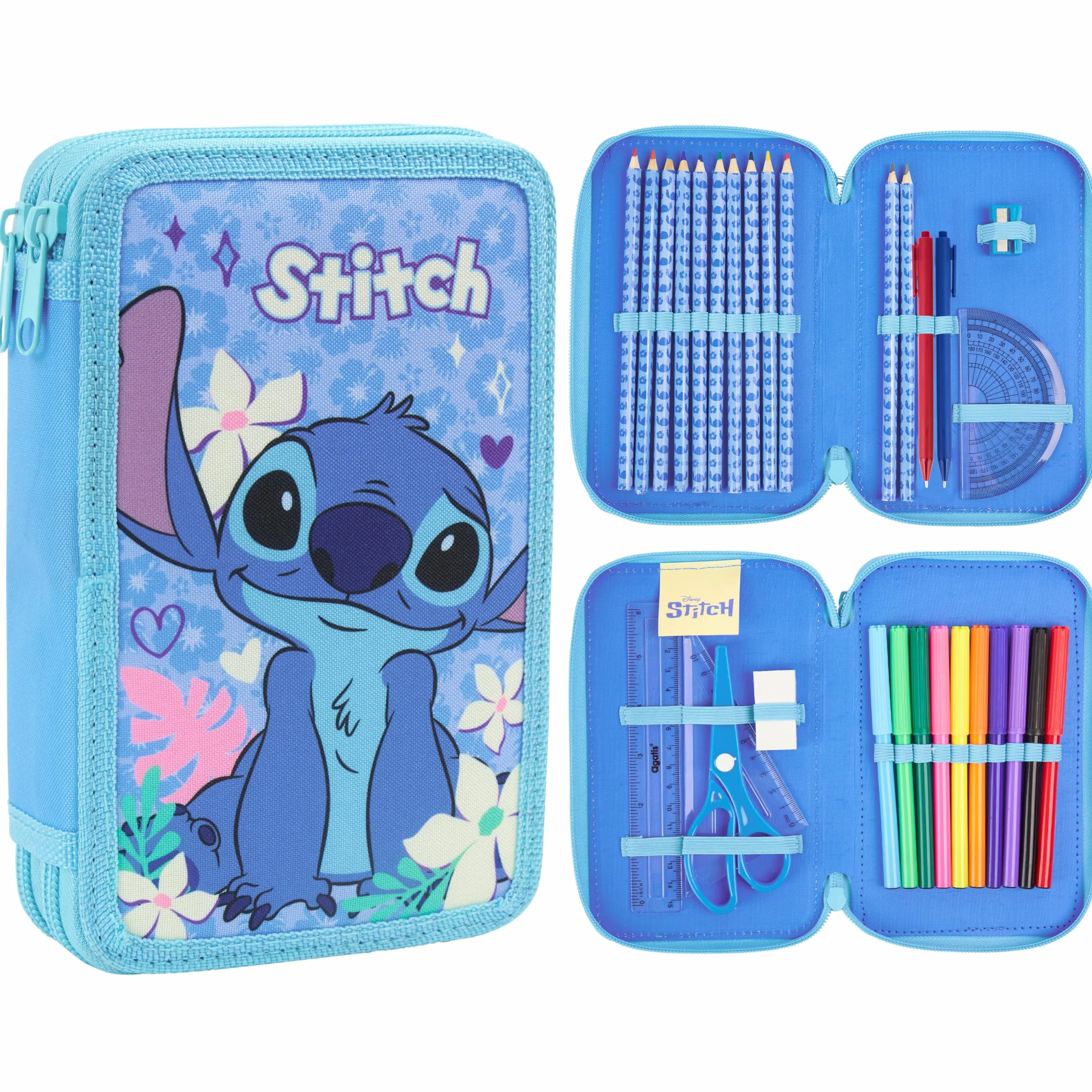 Disney Piórnik Stitch dla dziewczynek, nastolatków, dzieci z 2 przegródkami na kolorki, markery, długopisy, gumki, linijki, szkoła, artykuły szkolne, prezenty dla dziewczynek (Niebieski Stitch)