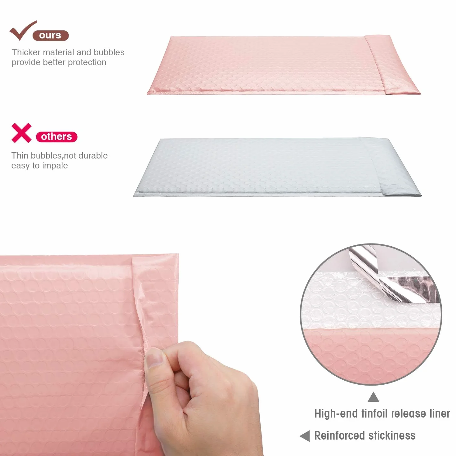 Switory 50 szt. Poly Bubble Mailers, 10,2 x 17,7 cm wyściełane koperty z podszewką bąbelkową torby polimerowe do wysyłki opakowań wysyłkowych samouszczelniające, jasnoróżowe (rozmiar zewnętrzny: 10,2