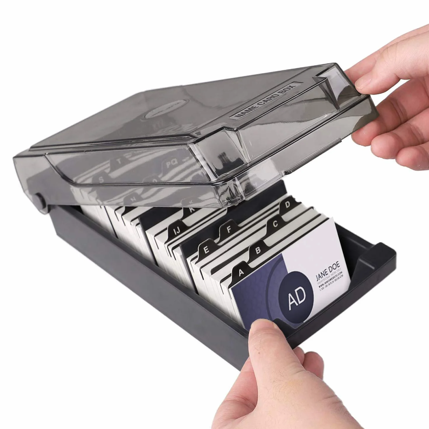 Pudełko na wizytówki, etui na wizytówki z 4 przegródkami i zakładkami indeksowymi, pomieści do 500 kart (szare)