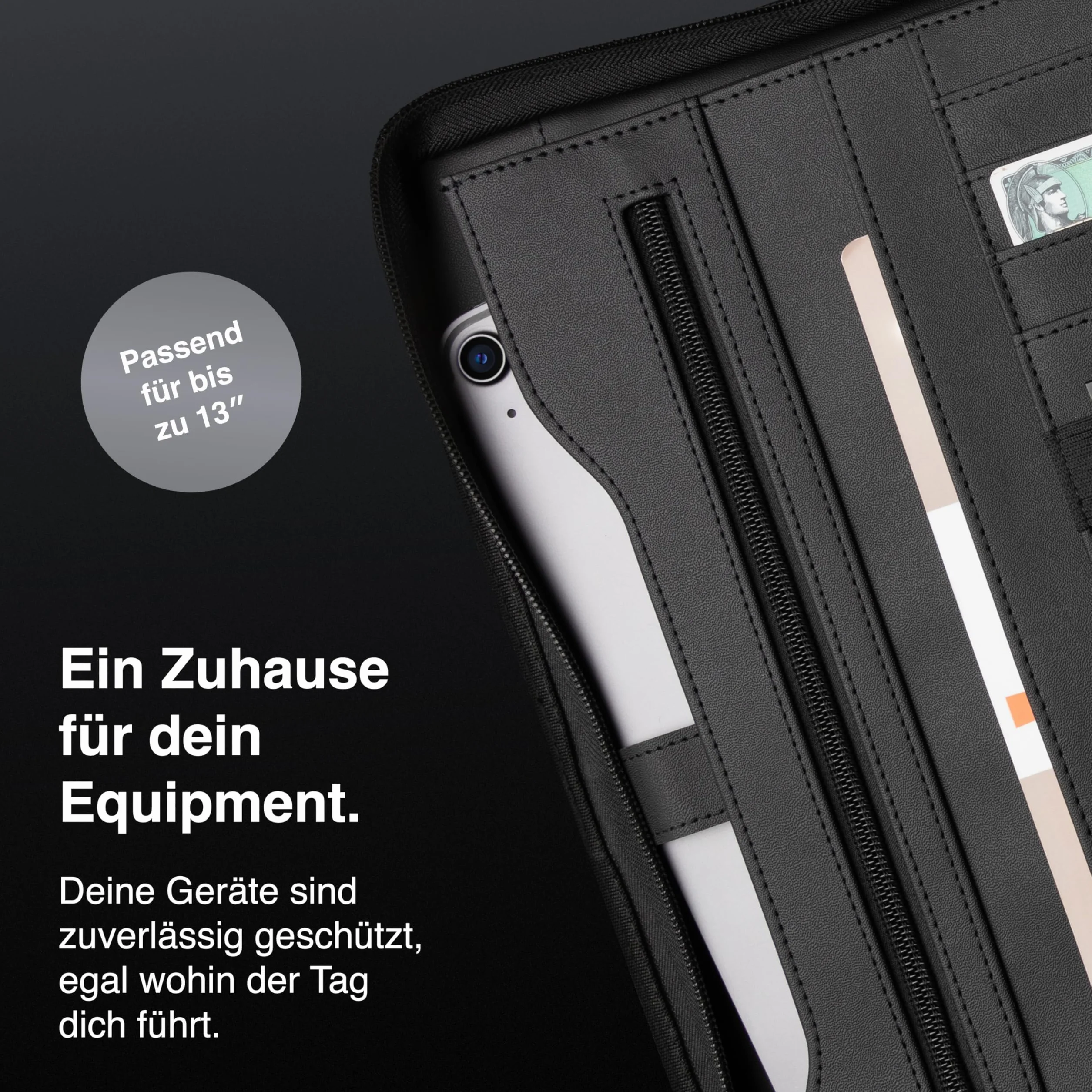 Vebon® A4 teczka na dokumenty "Berlin", zamek błyskawiczny + teczka na bloki, wykładowca + torba na laptopa, dodatkowe miejsce do przechowywania, czarna, sztuczna skóra, czarny, 35,5 x 28 x 3.8 mm