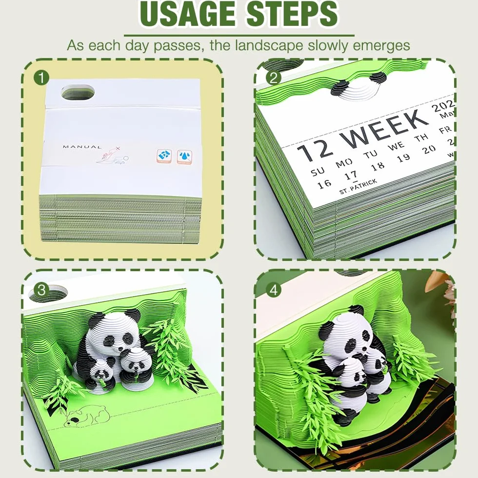 Notatnik 3D Panda, Kalendarz 3D do odrywania 2026, Kalendarz biurkowy-notatnik 2026, Papier na notatki 3D na biurko 2026, kreatywny prezent do majsterkowania DIY z rzeźby papierowej (Kalendarz