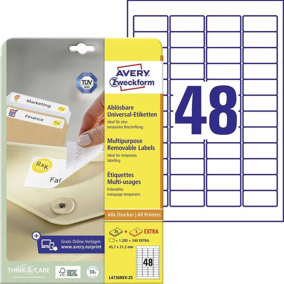AVERY Specjalny kształt L4736REV-25 uniwersalne etykiety 45,7 x 21,2 mm DIN A4 samoprzylepne 1200 etykiet
