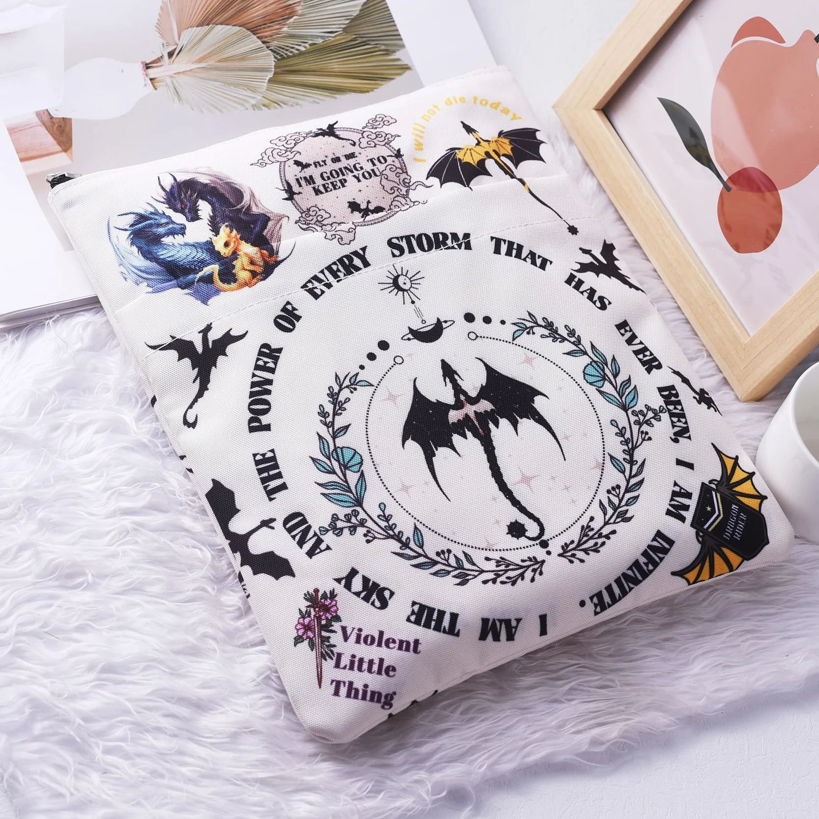 Oryginalne etui na książkę LParkin Fourth Wing Merch, wodoszczelne etui na książki, figurka smoka, ochrona książki, neutralne płótno, z zamkiem błyskawicznym, jako prezent dla miłośników książek