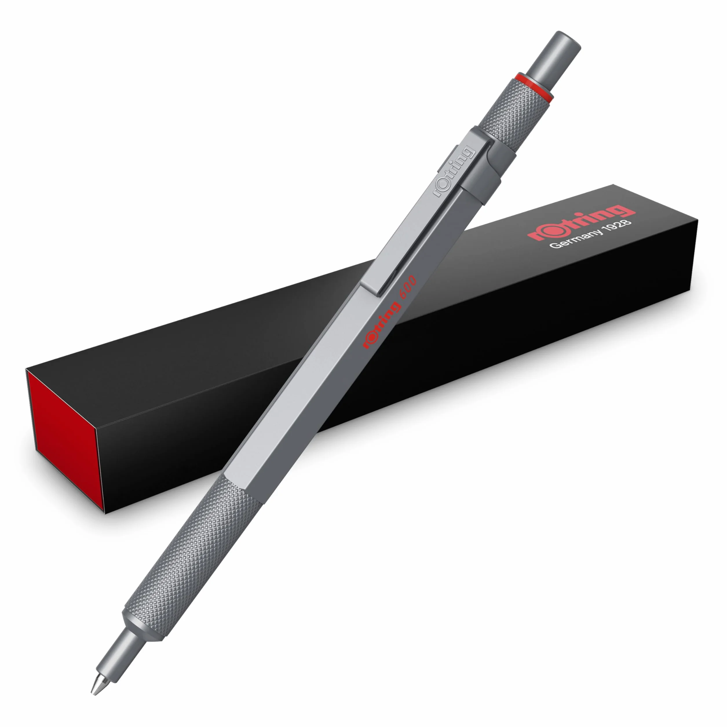 rOtring 600 Długopis żelowy | 0,55 mm | Czarny tusz | Srebrna metalowa obudowa | Antypoślizgowy uchwyt radełkowany i sześciokątny korpus | Z wymiennym wkładem