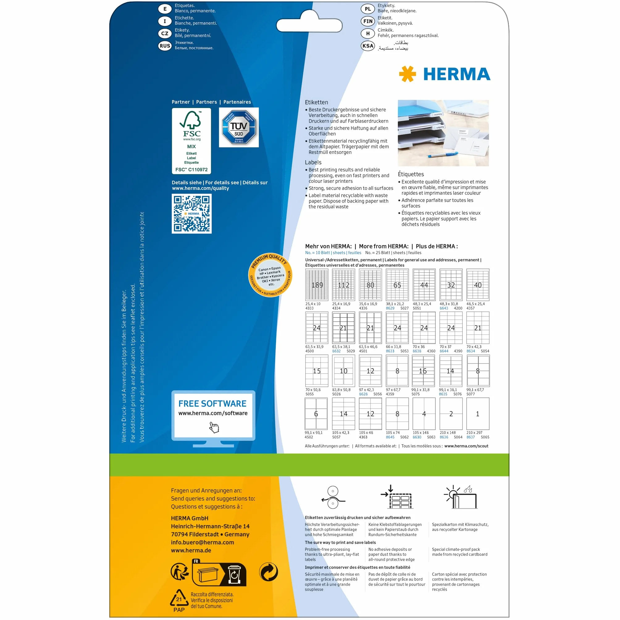 HERMA Samoprzylepne etykiety A4 83,8 x 50,8 mm 250 sztuk do drukarek laserowych i atramentowych