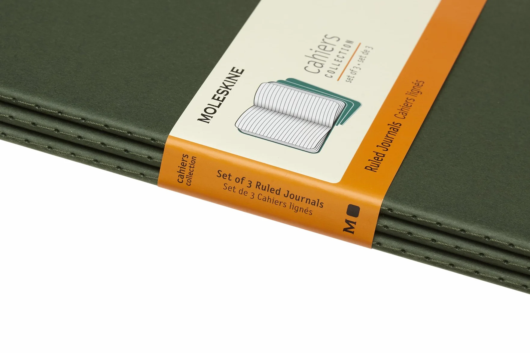 Moleskine Cahier Journal, Set 3 Notebooks with Ruled Pages, Cardboard Cover with Visible Cotton Stiching, Colour Myrtle Green, Large 13 x 21 cm, 80 Pages