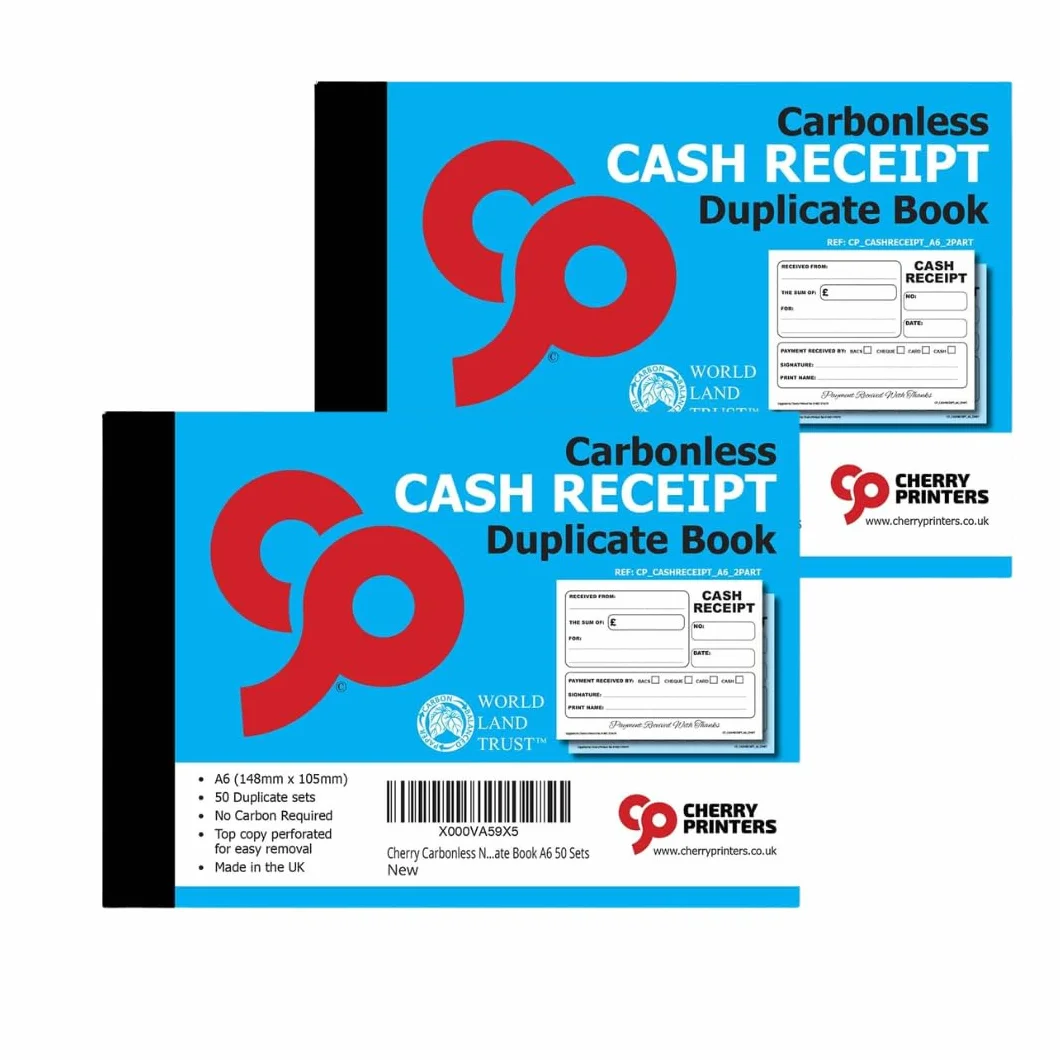 Cherry Carbonless Cash Receipt Book A6, 2-częściowy NCR, 50 zestawów, perforowany