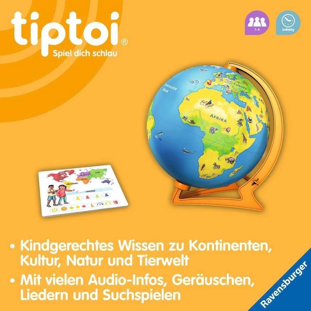 Ravensburger tiptoi 00115 - Mein interaktiver Junior Globus - Kinderspielzeug ab 4 Jahren: Entdecke spielerisch die Kontinente!