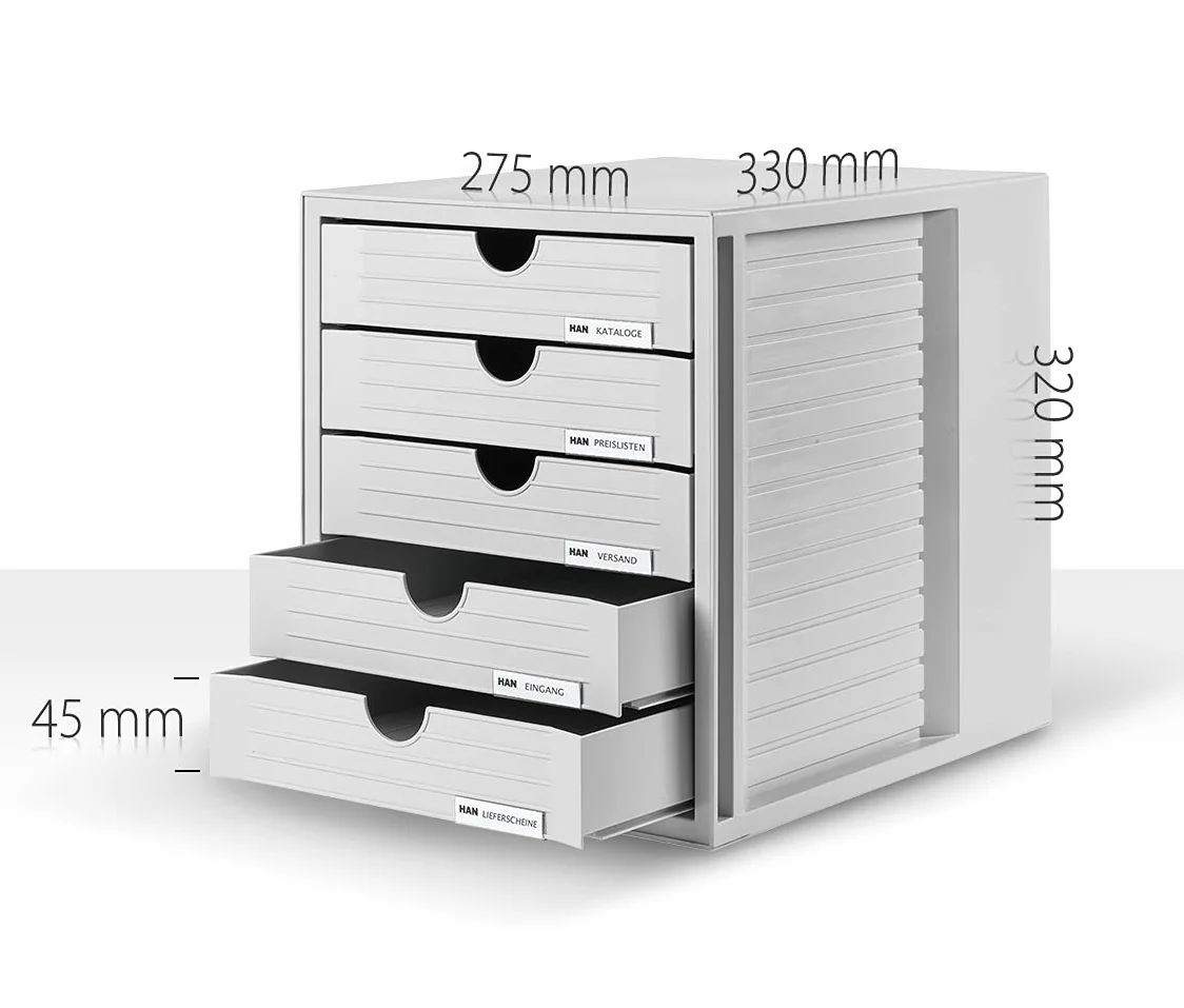 HAN Pudełko z szufladami SYSTEMBOX KARMA min. 80% tworzywo sztuczne z recyklingu z 5 zamkniętymi szufladami, biurko, szafa, w zestawie blokada wysuwu + klips do opisu, gumowe nóżki, 14508-16,