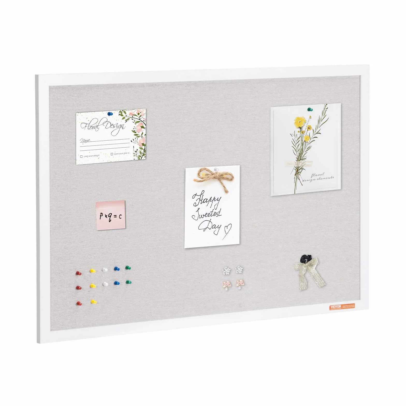 VEVOR Biała tablica korkowa 91 cm x 61 cm z lnianą powierzchnią, stylowa tablica ogłoszeń do domu, szkoły, biura - elegancka i funkcjonalna tablica ogłoszeń