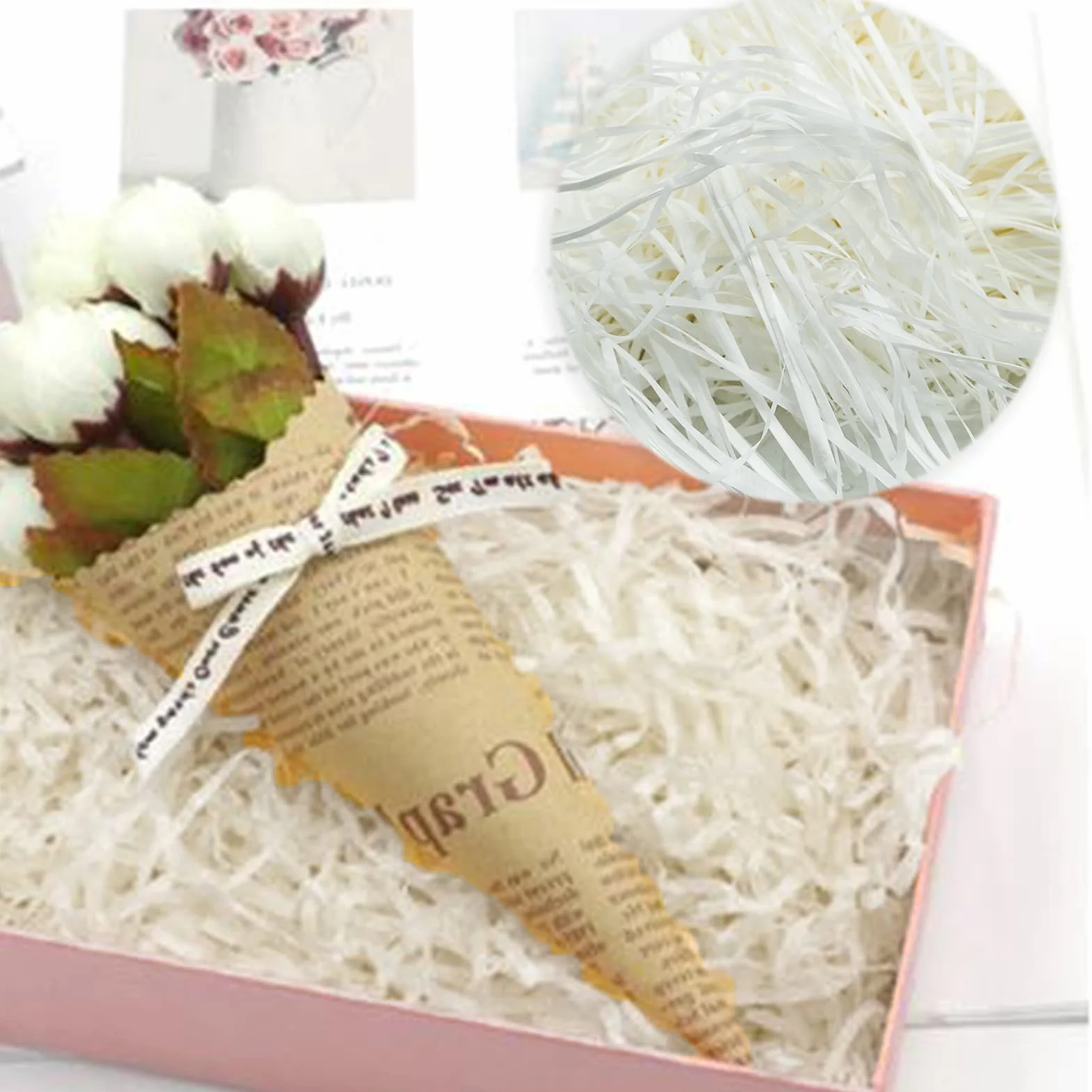 Raffia Hamper Shreds 100 g, rozdrobniony bibułka, wypełnienie prezentów, do majsterkowania, na imprezę, do napełniania i pakowania prezentów, do dekoracji pudełek prezentowych, kolor biały