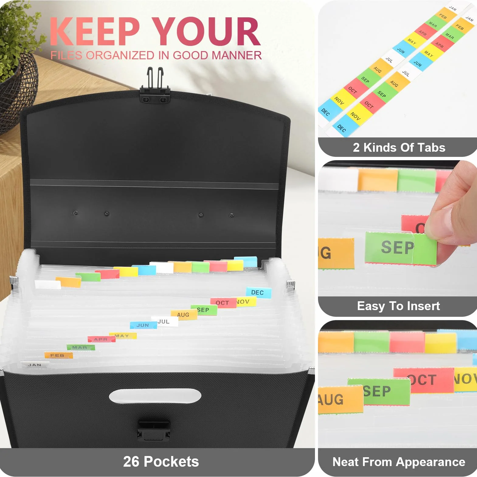 Uquelic Harmonijkowa Teczka na Dokumenty 26 Kieszeni - Ulepszona Trwała Klamra z Ergonomicznym Uchwytem/Duży A4 Rozszerzalny Organizer na Dokumenty/Harmonijkowa Teczka na Dokumenty do Biura i Domu