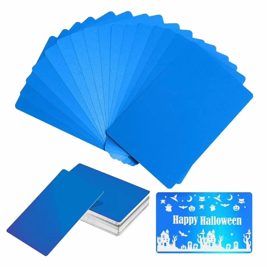 50 szt./zestaw 0,4 mm grubości, aluminiowe, metalowe wizytówki, DIY, karta do grawerowania, artykuły biurowe, aluminiowe, puste, laserowe puste puste miejsca do grawerowania (niebieskie)