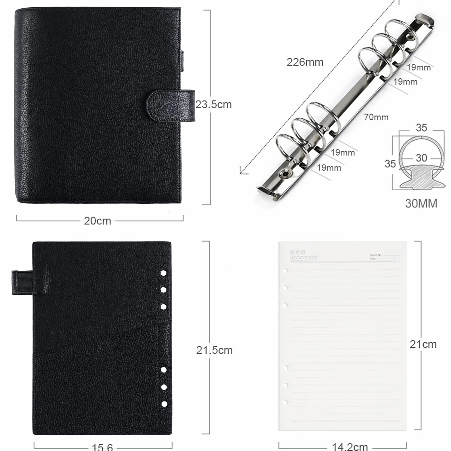 Moterm A5 Luxe Ringe Planer - Echtes Leder Binder Organizer (Kiesel-Schwarz,30mm Ring)