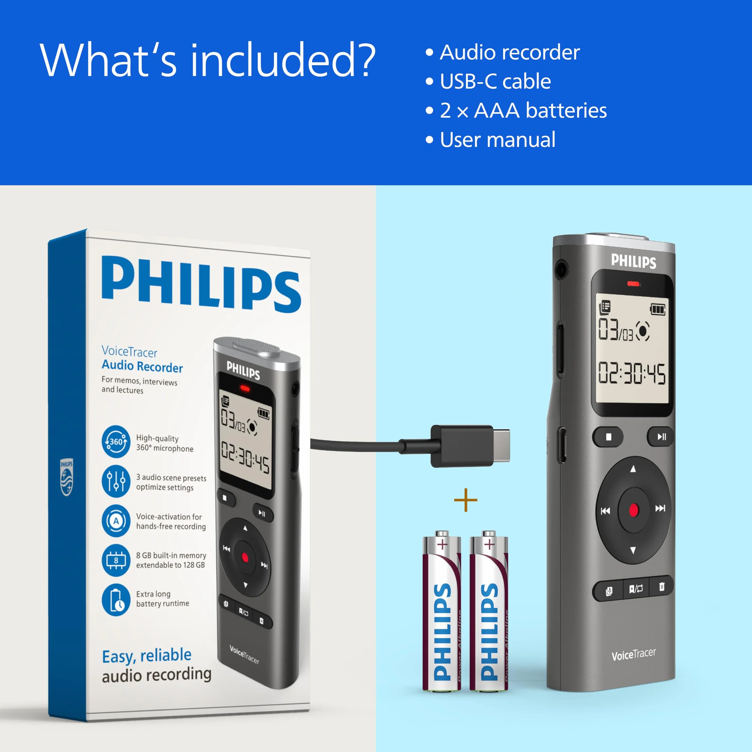 Philips DVT1170 VoiceTracer, rejestrator dźwięku, 8 GB, gniazdo kart Micro SD