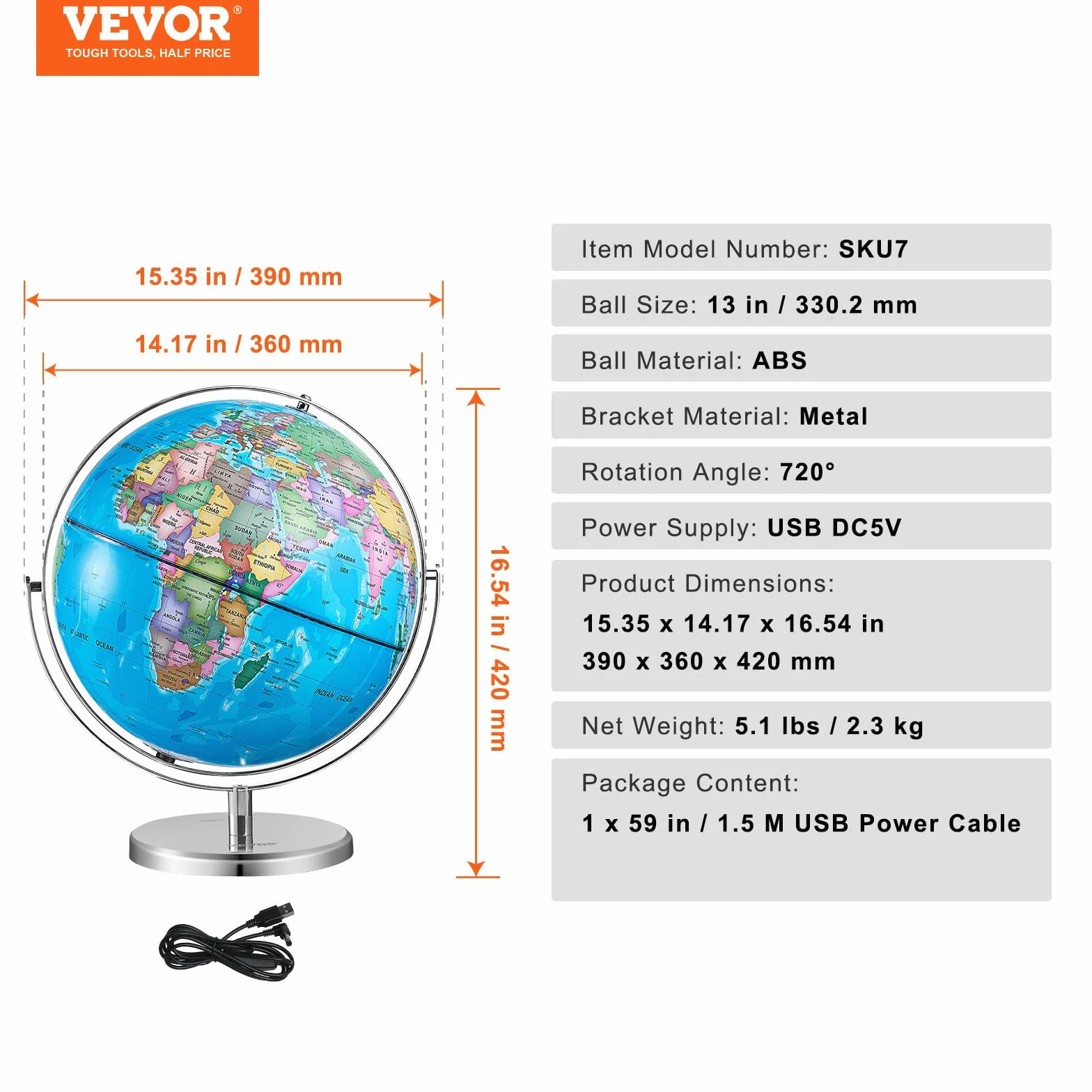 VEVOR Podświetlana kula ziemska ze stojakiem, 330,2 mm, edukacyjna kula ziemska ze stabilną podstawą z metalu ciężkiego, drukowana mapa HD i nocne oświetlenie LED, 720° wirująca kula do nauki w klasie