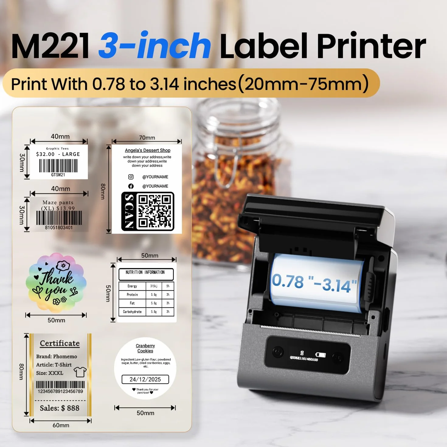 Phomemo M221 drukarka etykiet z 3 rolkami etykiet - Bluetooth drukarka etykiet, termiczna label printer do kodów kreskowych, sprzedaży detalicznej, zdjęć,odzieży,do systemów PC Android i iOS,Szara
