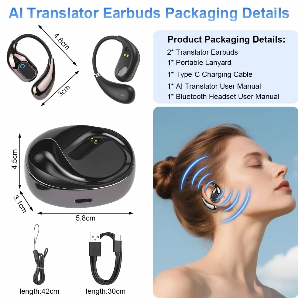XG99 słuchawki douszne do tłumaczenia w czasie rzeczywistym, otwarte słuchawki douszne z Bluetooth 5.4, tłumacz języka 144, słuchawki douszne z 25-godzinnym czasem odtwarzania, idealne do