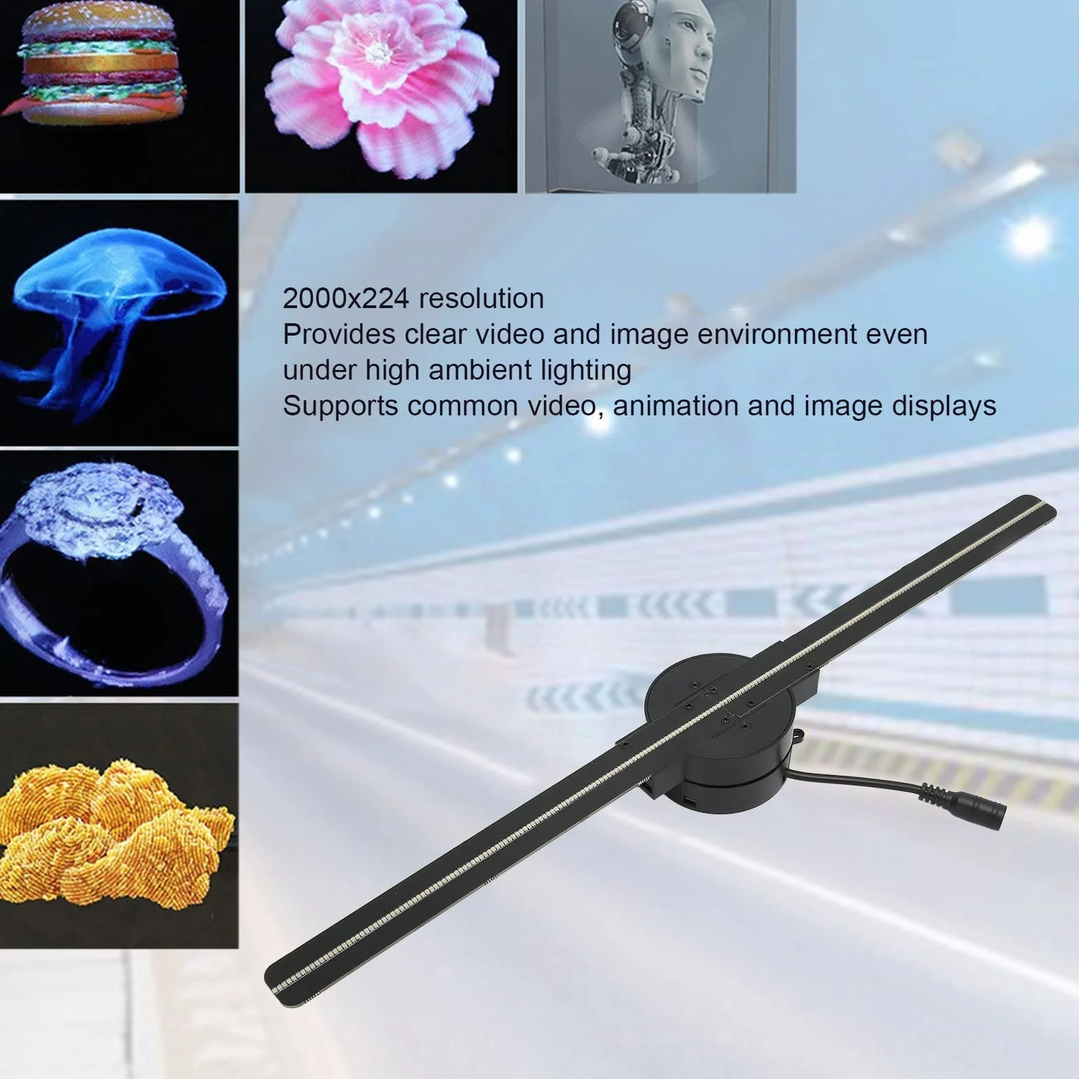 Hologramowy wentylator 3D, rozdzielczość 2000 x 224, holograficzny wentylator WiFi, projektor hologramowy, regulowany kąt świecenia z 224 diodami LED, do 10 barów sklepowych (wtyczka EU