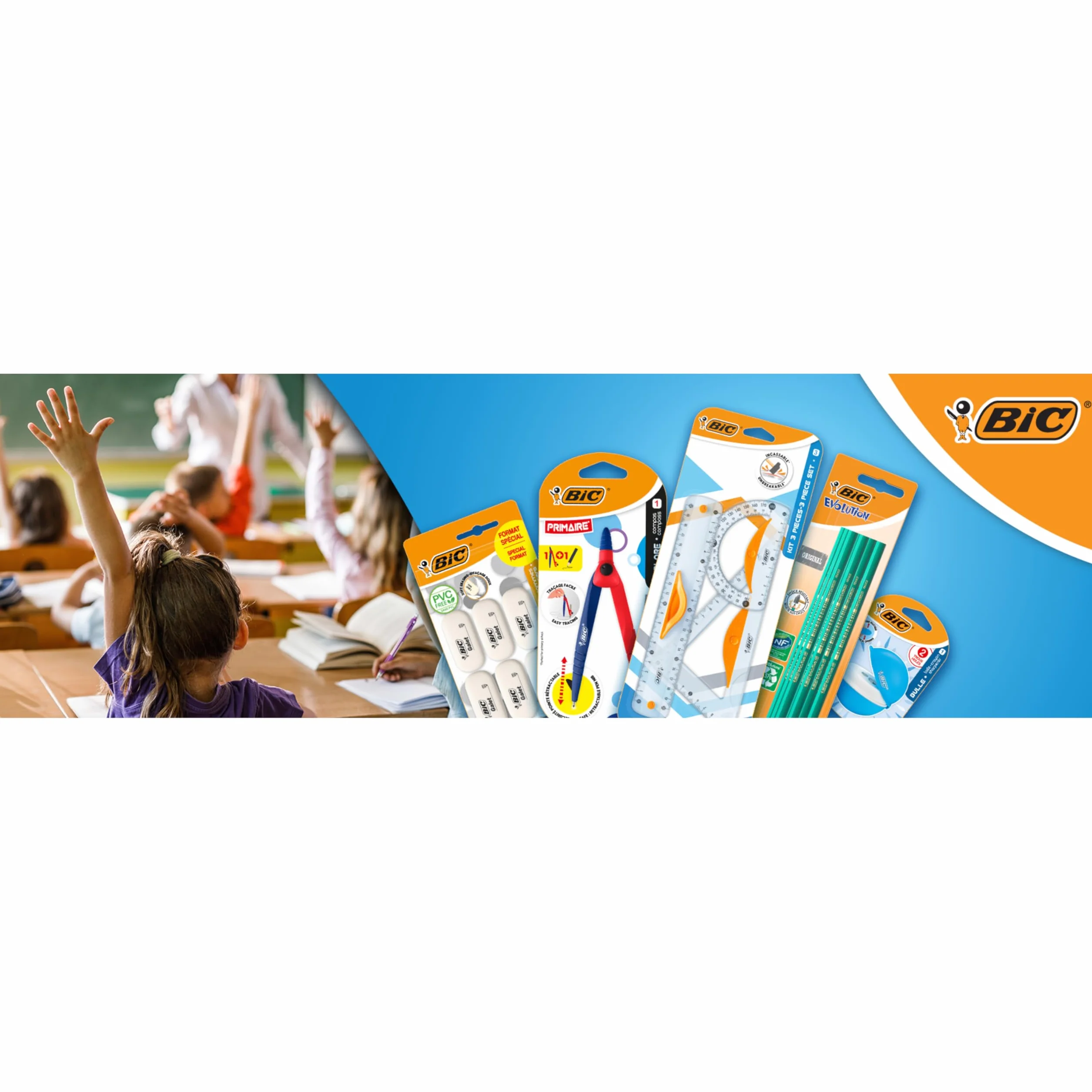 BIC zestaw przyborów szkolnych dla dzieci z 1 kompasem do nauki, 3 instrumenty geometryczne, 10 ołówków grafitowych, 1 temperówka i 6 gumkami - opakowanie 21 sztuk