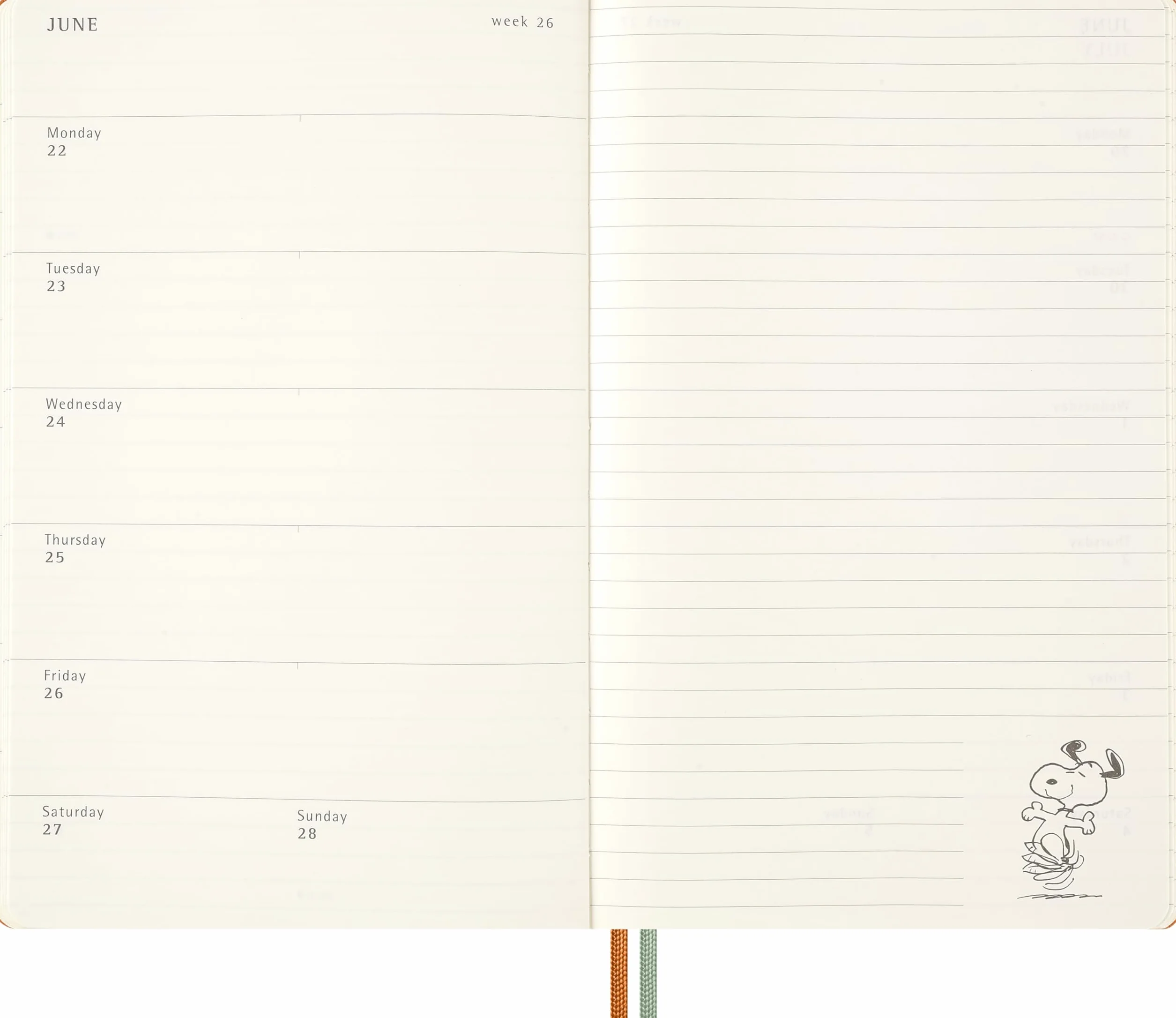 Moleskine 12 Monate Peanuts Snoopy Tomorrow Wochen Notizkalender 2026, L/A5, 1 Wo = 1 Seite, fester Einband, Kadmiumorange