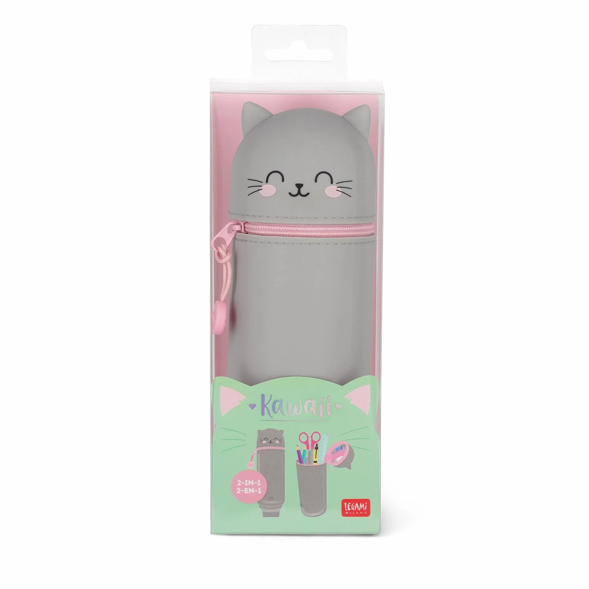Legami - Piórnik 2 w 1 z miękkiego silikonu, Kawaii, uchwyt na długopisy, z zamkiem błyskawicznym, Ø 6,3 cm, szary, nowoczesny, szary, Nowoczesny
