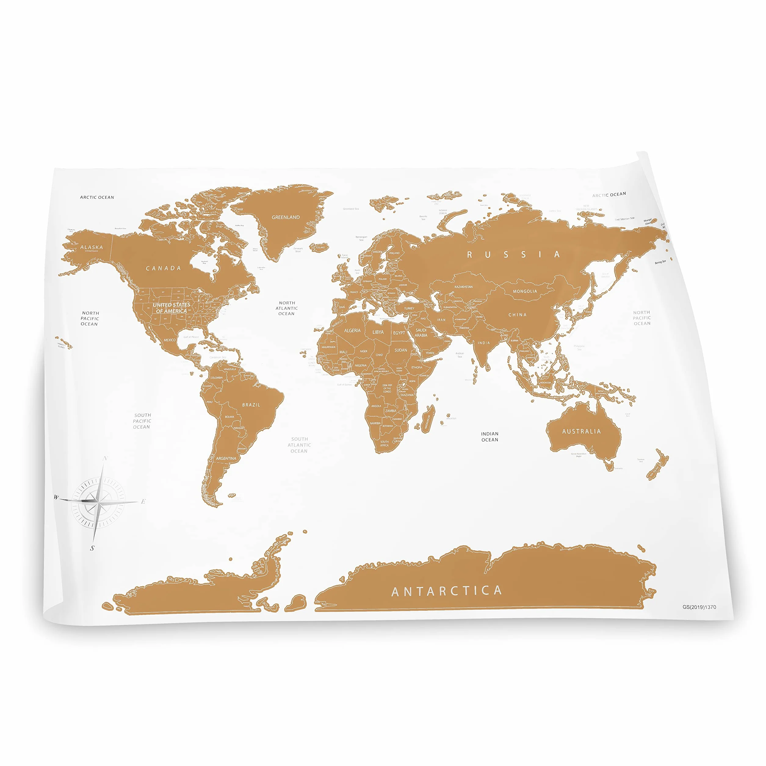 Wysokiej jakości mapa świata do zdrapywania 84 x 58 cm – plakat XXL, z chipem do zdrapywania, złota i biała Scratch Off Map (język angielski)