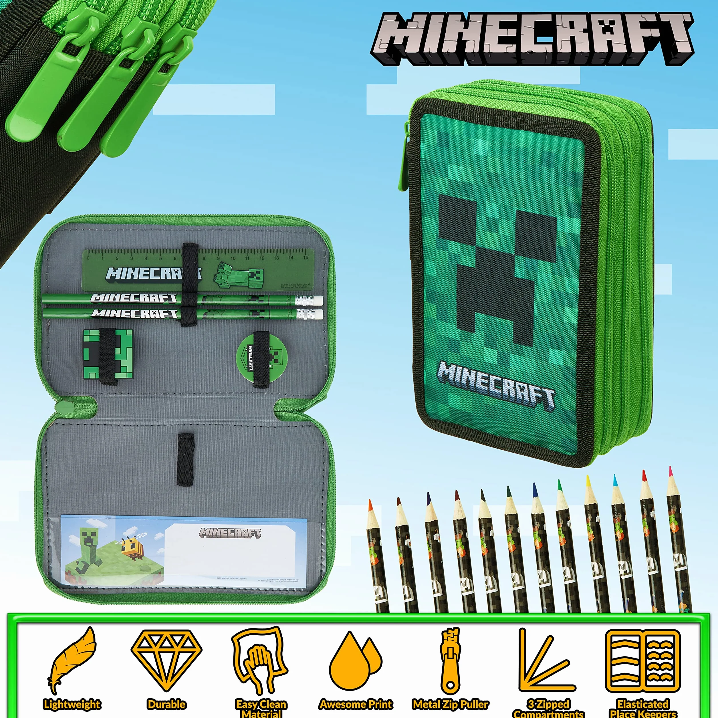 Minecraft Wypełniony piórnik dla dzieci z wieloma przegródkami, w zestawie artykuły papiernicze - przybory szkolne (zielony pnącze)