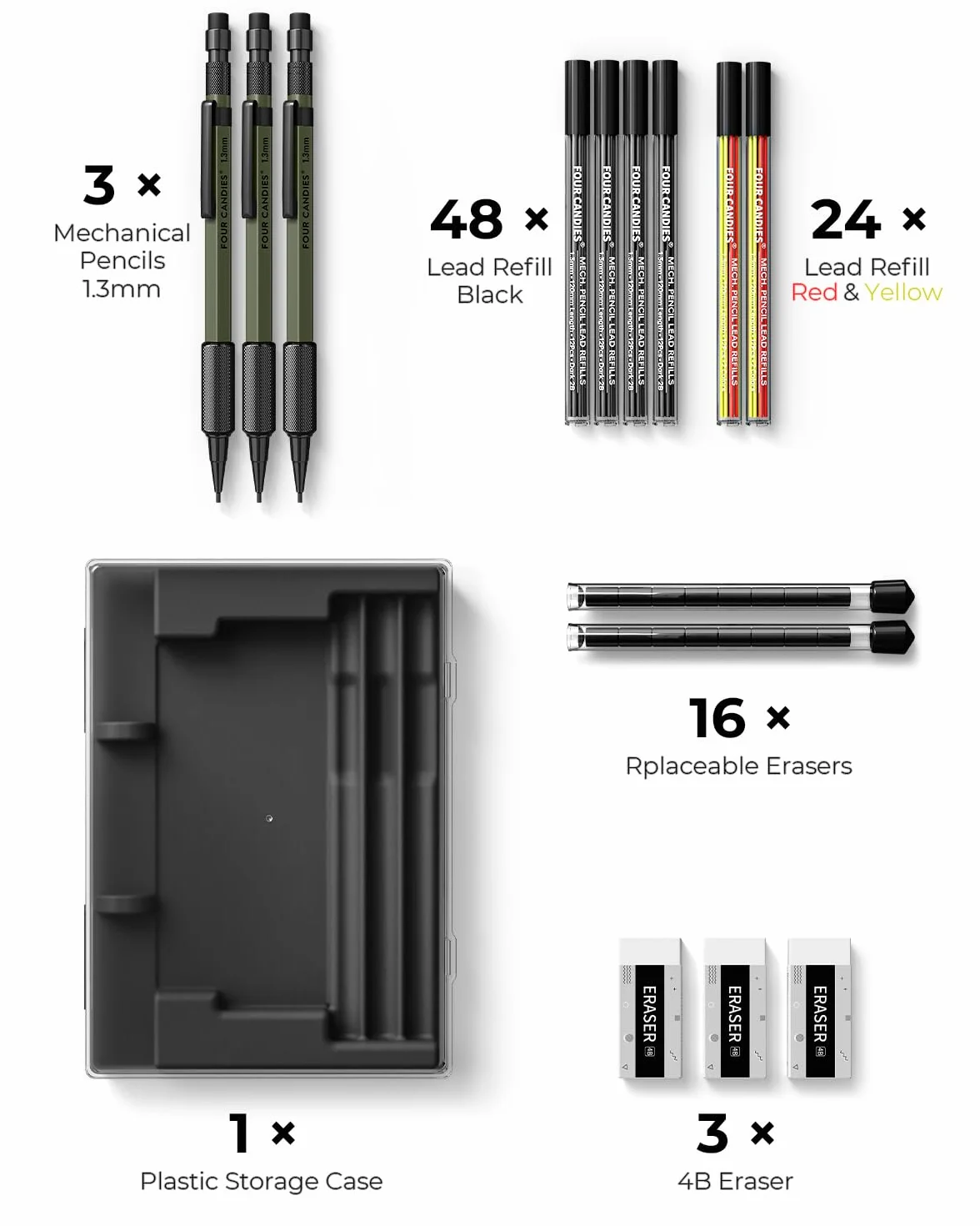 Four Candies Zestaw ołówków mechanicznych 1,3 mm metalowe wytrzymałe ołówki stolarskie 48 wkładów 3 gumki