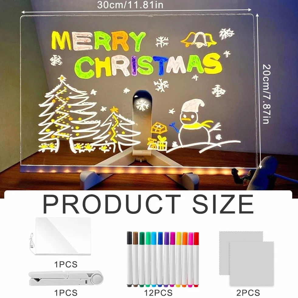 Tablica kreślarska LED, 30 x 20 cm, z 12 kolorami, akrylowa podświetlana deska kreślarska dla dzieci, z regulowanym stojakiem na tablicę malarską, notatki, reklamy, światło nocne, dekoracja ścienna