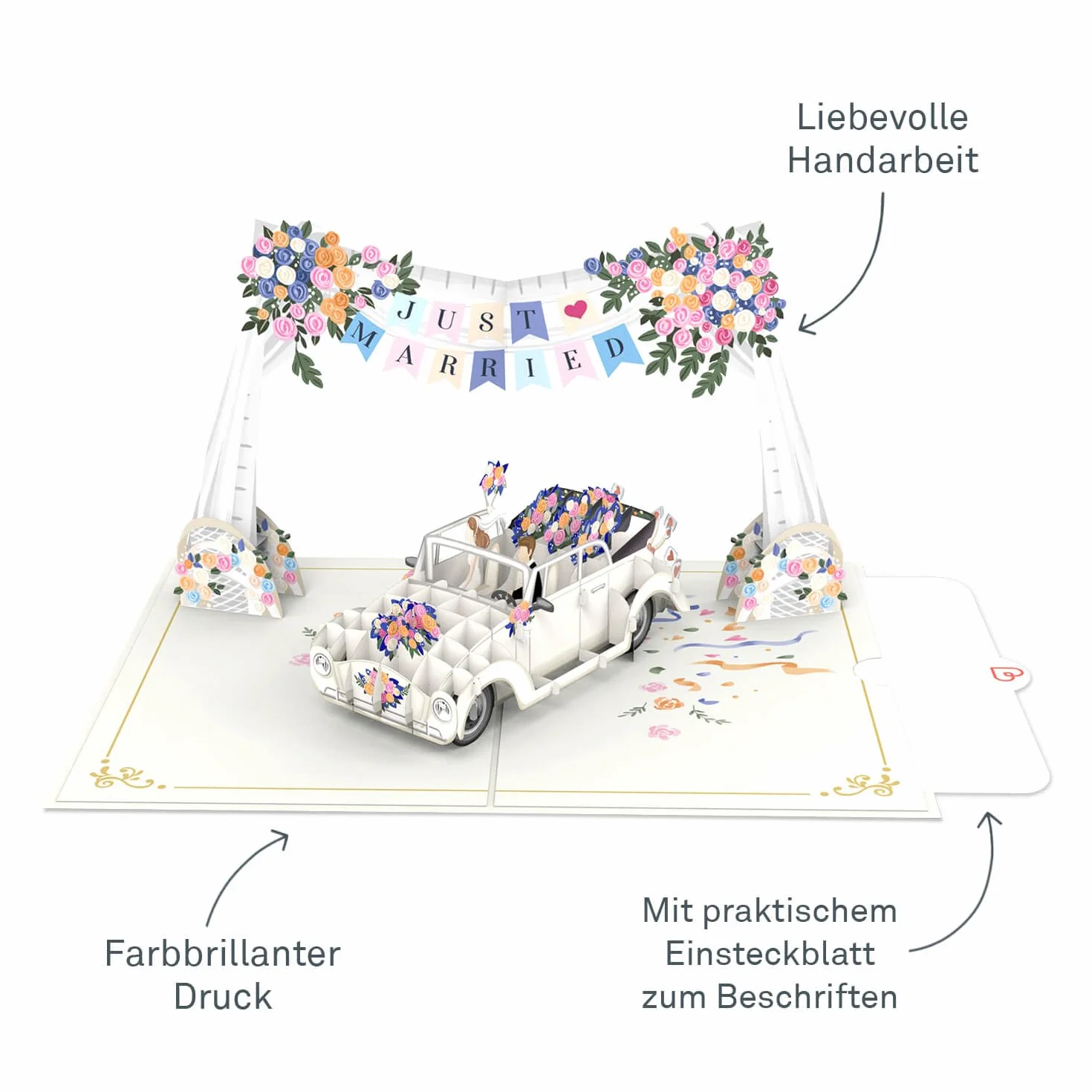 PaperCrush® kartka typu pop-up z koronką Just Married – elegancka 3D kartka ślubna dla pary młodej, kartka z życzeniami na ślub, kupon na podróż poślubną i prezent pieniężny na miesiąc miodowy