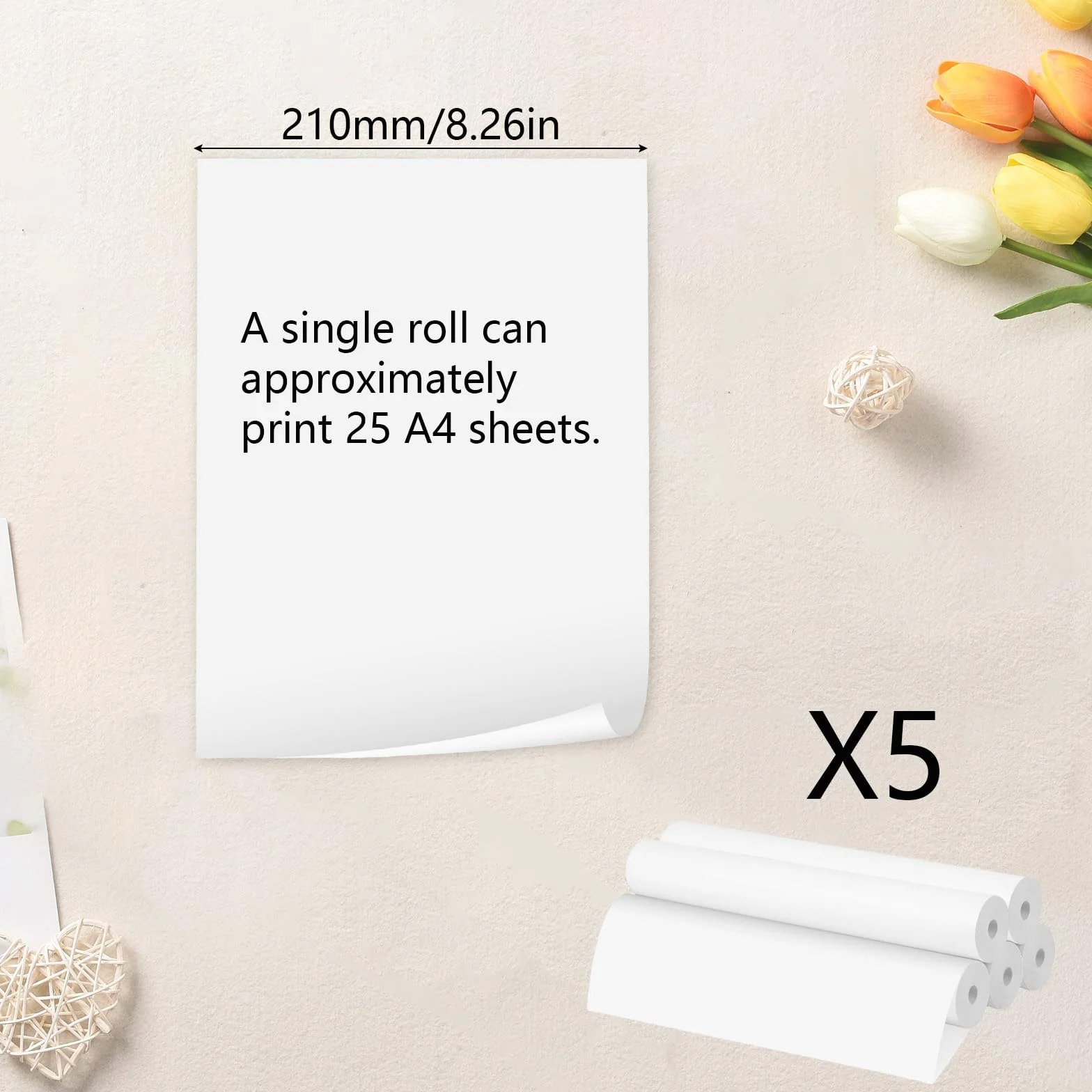 Xmart 5 Rolek Papieru Termicznego A4 Papier Termiczny do Drukarki Przenośnej Papier Termiczny A4 Szybkoschnący Idealny Ciągłego Drukowania Plik Strony Internetowe ZdjęCia 210x297mm Około 125 Arkuszy