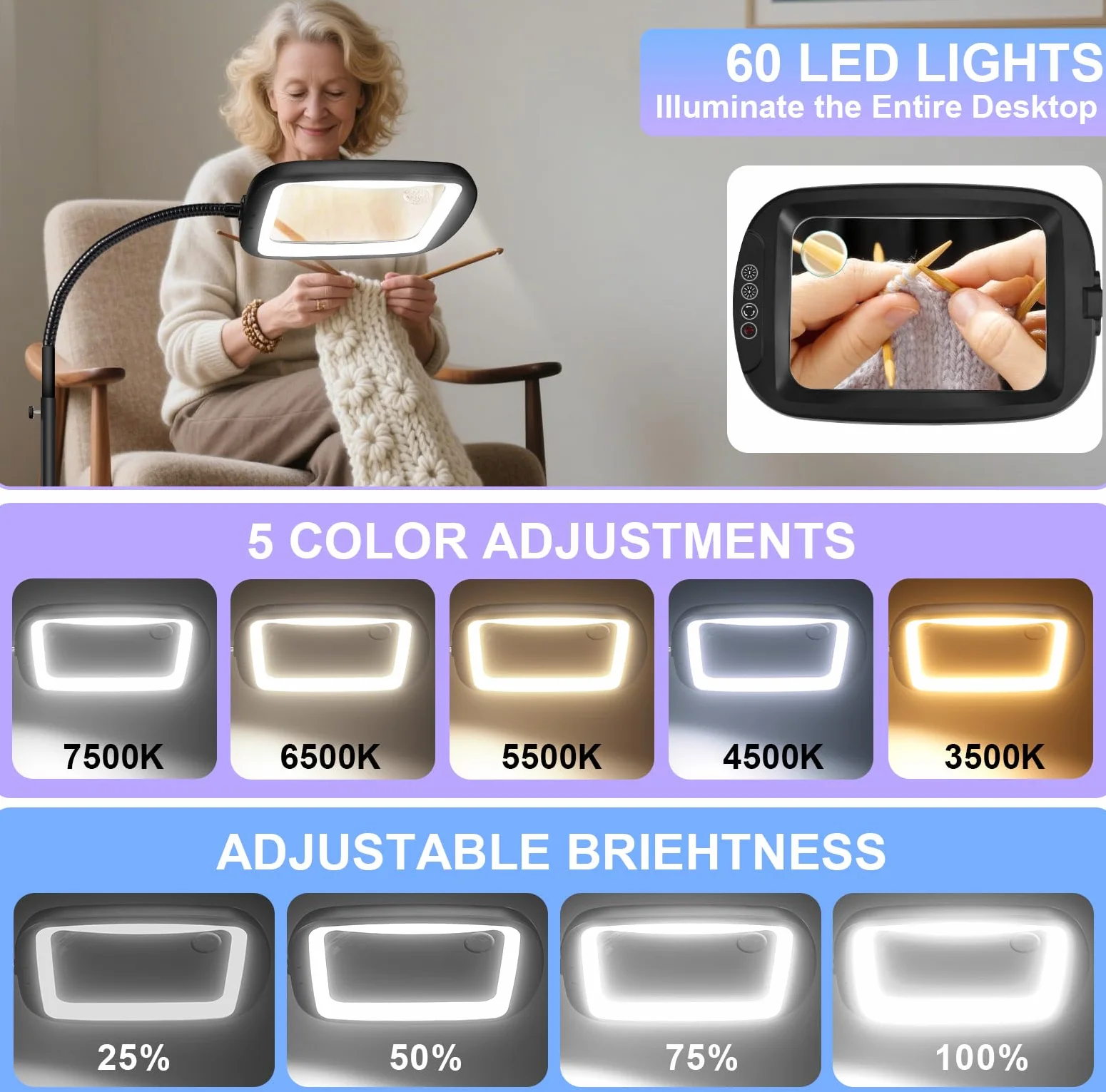Lupa ze światłem 10x z ramieniem, lampa LED 60 diod, 5 trybów, ściemniana