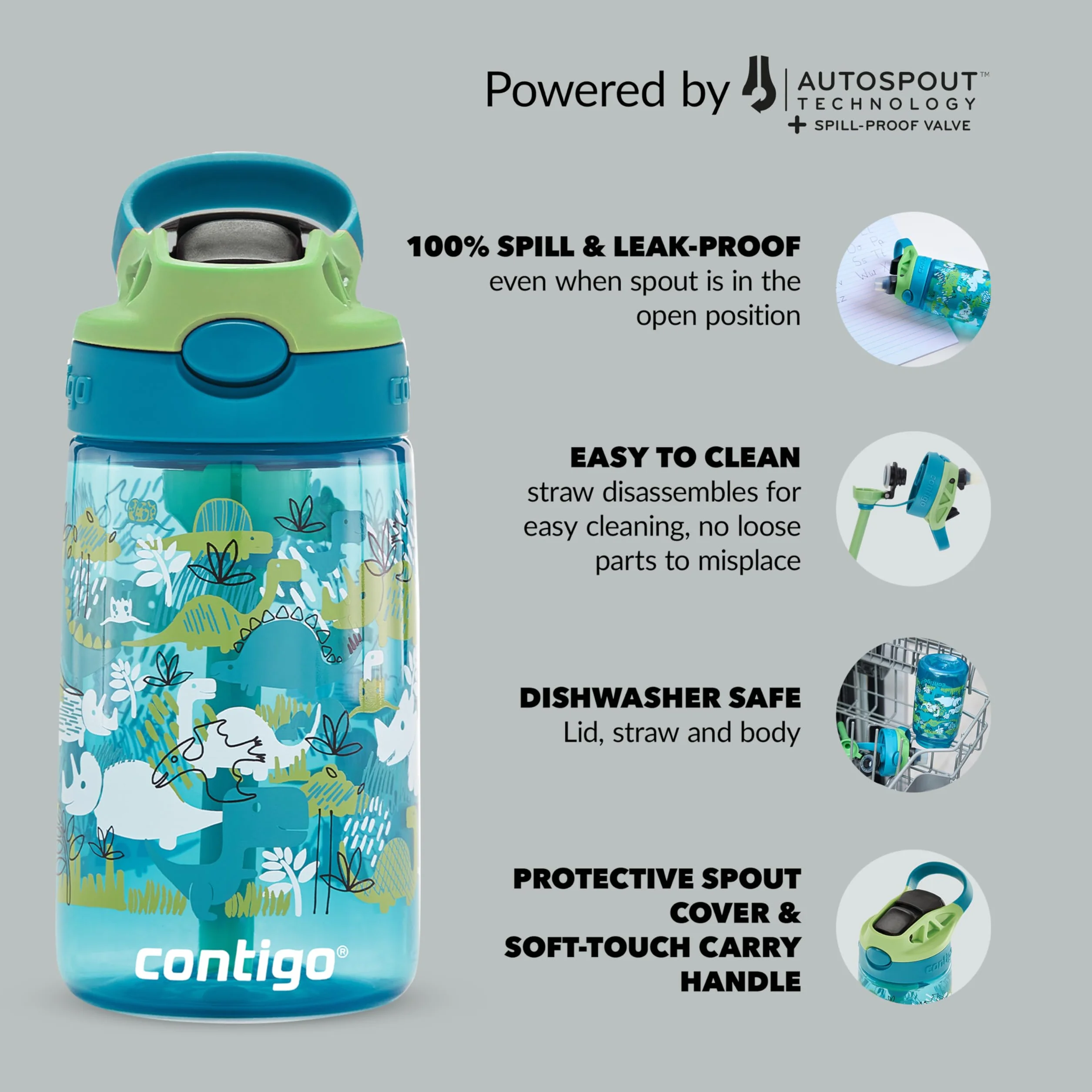 Contigo Butelka na wodę dla dzieci Easy Clean Autospout ze słomką, butelka na napoje ze stali nierdzewnej bez BPA, 100% szczelna, łatwa do czyszczenia, idealna do przedszkola, Dinoboy