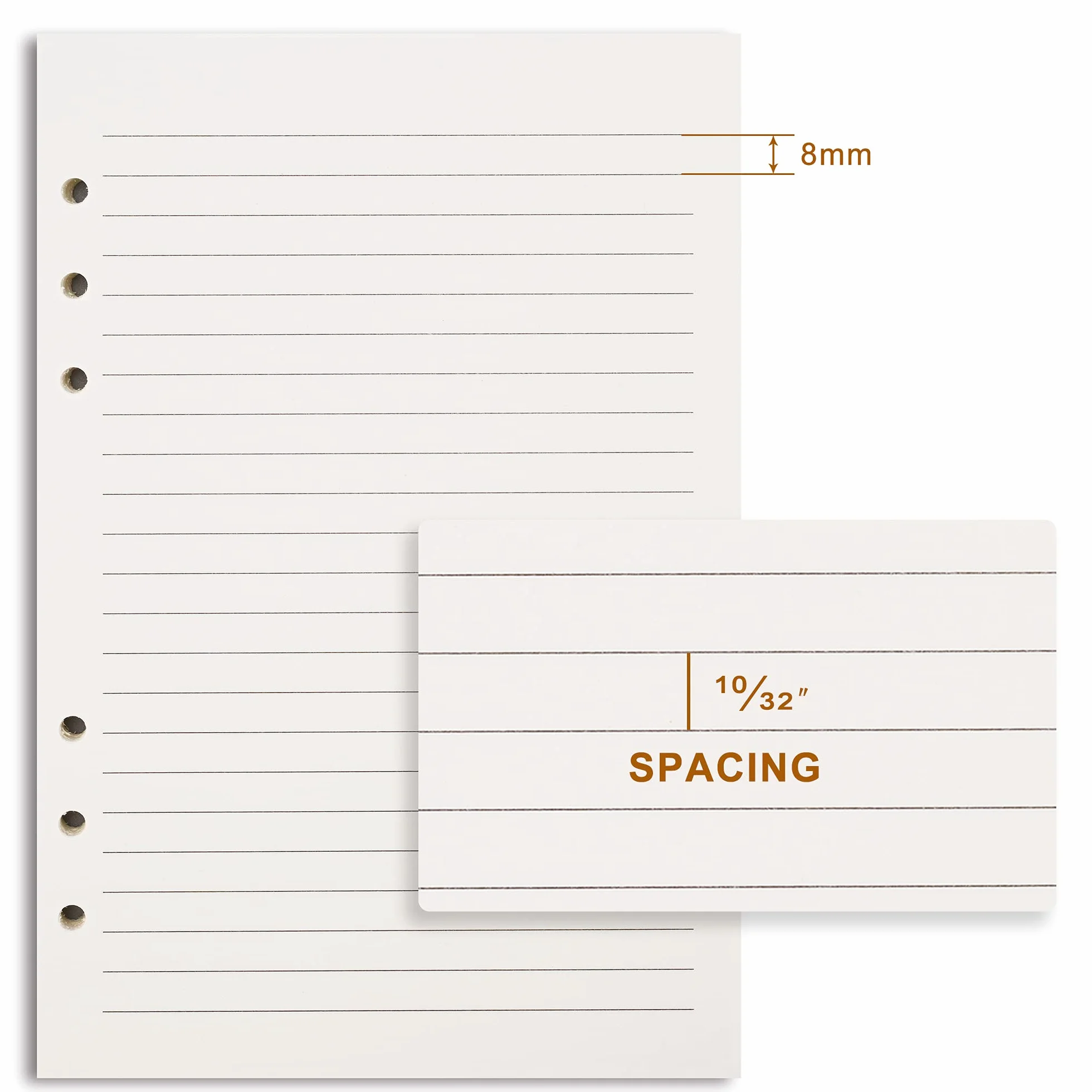 Papier w linie A5, 6-otworowy papier uzupełniający do segregatora A5, luźny liść w linie 8 mm, 80 arkuszy/160 stron, 14 x 20 cm, beżowy (2)