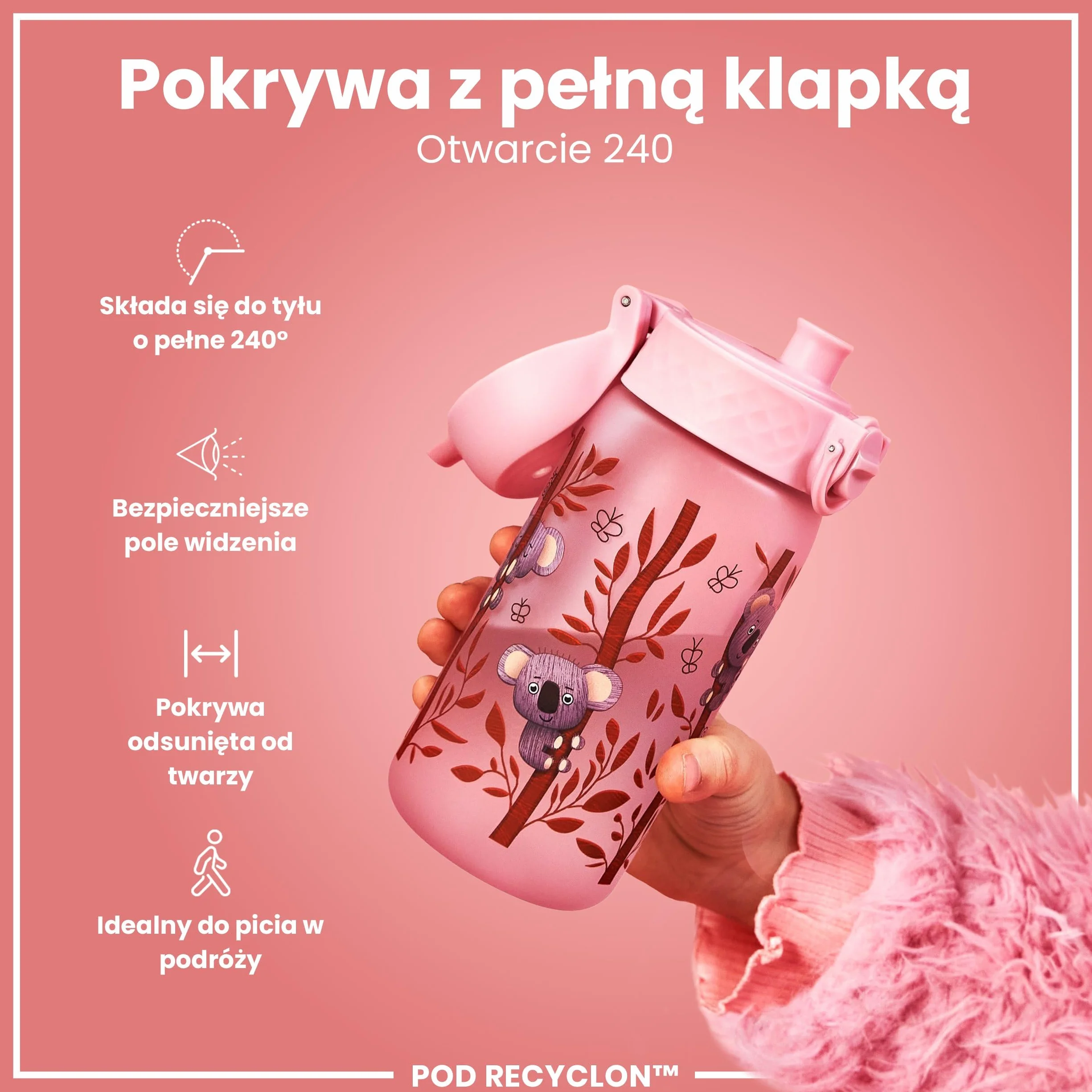 ION8 Butelka dla Dzieci, 350 ml/12 oz, Szczelna, Łatwa do Otwarcia, Bezpieczny Zamek, Można Myć w Zmywarce, Bez BPA, Uchwyt do Przenoszenia, Łatwa do Czyszczenia, Bezwonny, Koale