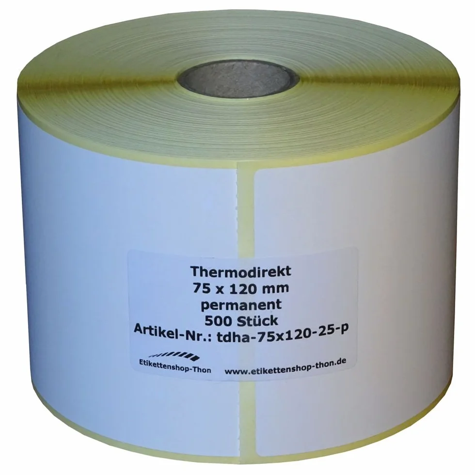 Etykiety termiczne z perforacją na rolce - 75 x 120 mm - 2500 sztuk - tuleja 25 mm - trwale przywierająca