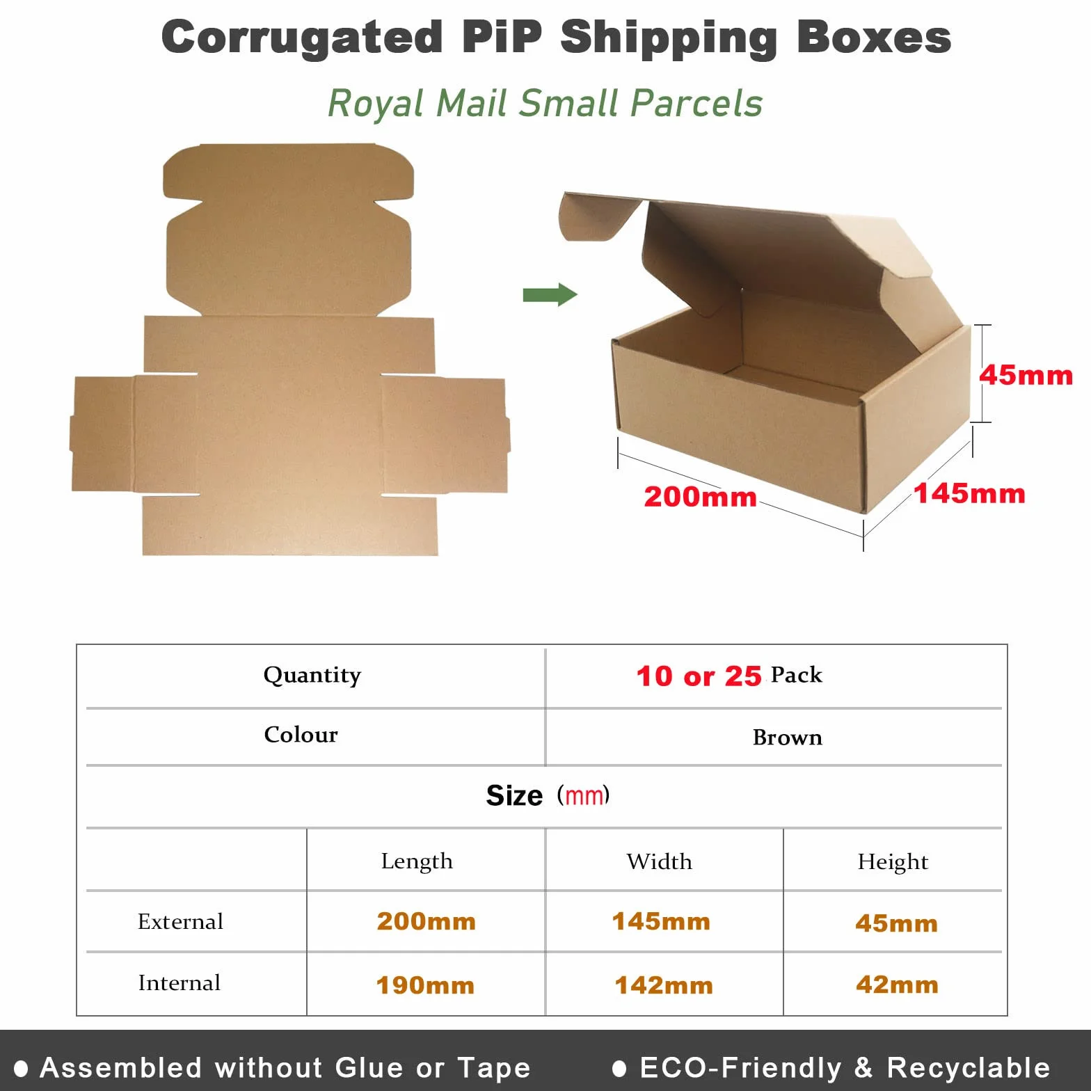 Royal Mail Opakowanie 10 pudełek wysyłkowych z tektury falistej na małe opakowania, brązowe, 200 x 145 x 45 mm