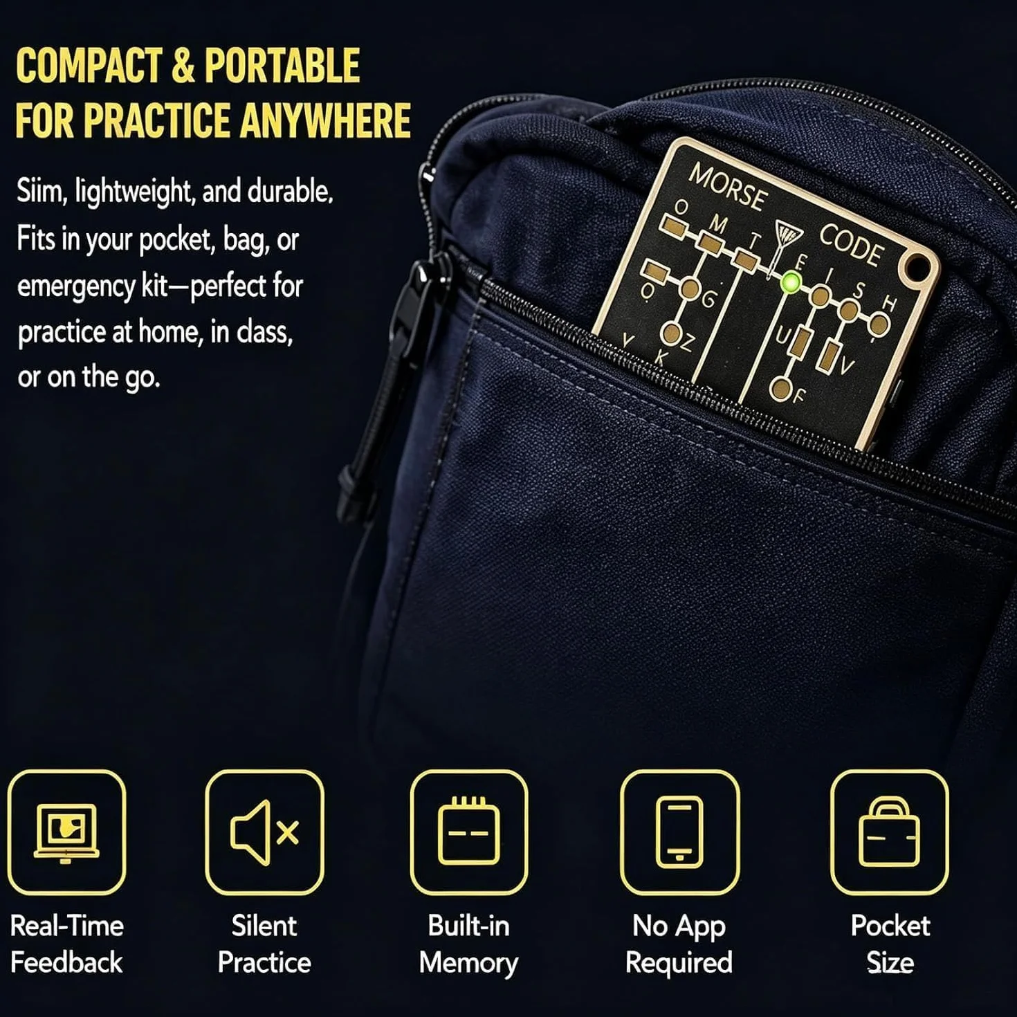 Morse Code Trainer Card Pro, interaktywne narzędzie do ćwiczeń telegraficznych LED i audio, ze sprzężeniem zwrotnym w czasie rzeczywistym, nagrywanie i odtwarzanie, przenośna kieszonkowa