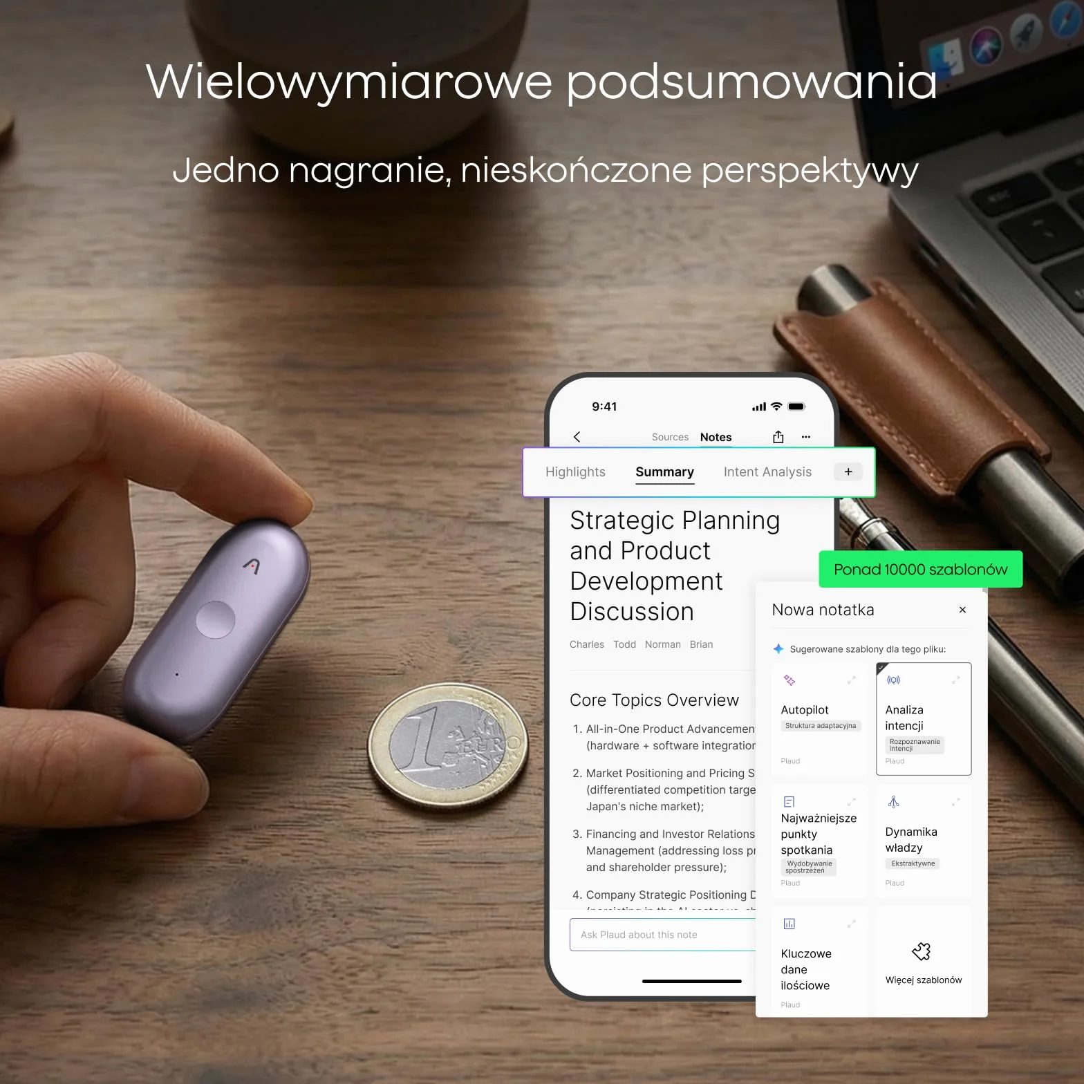 Plaud NotePin S Dyktafon AI z Dotykowym Przyciskiem Rejestrator Głosu AI Transkrypcja i Podsumowanie AI 112 Języków Pamięć 64 GB do Wykładów Spotkań Wywiadów i Zespołówz 4 Akcesoriami