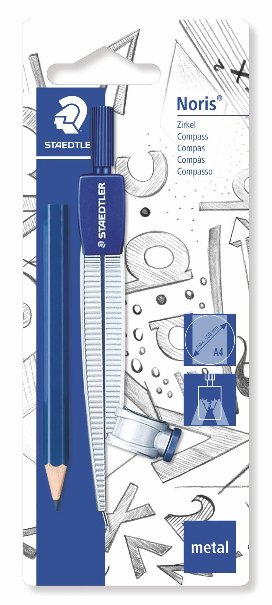 STAEDTLER 550 55 BK cyrkiel szkolny z uniwersalnym adapterem i dodatkowym małym ołówkiem na blistrze w kolorze niebieskim/srebrnym