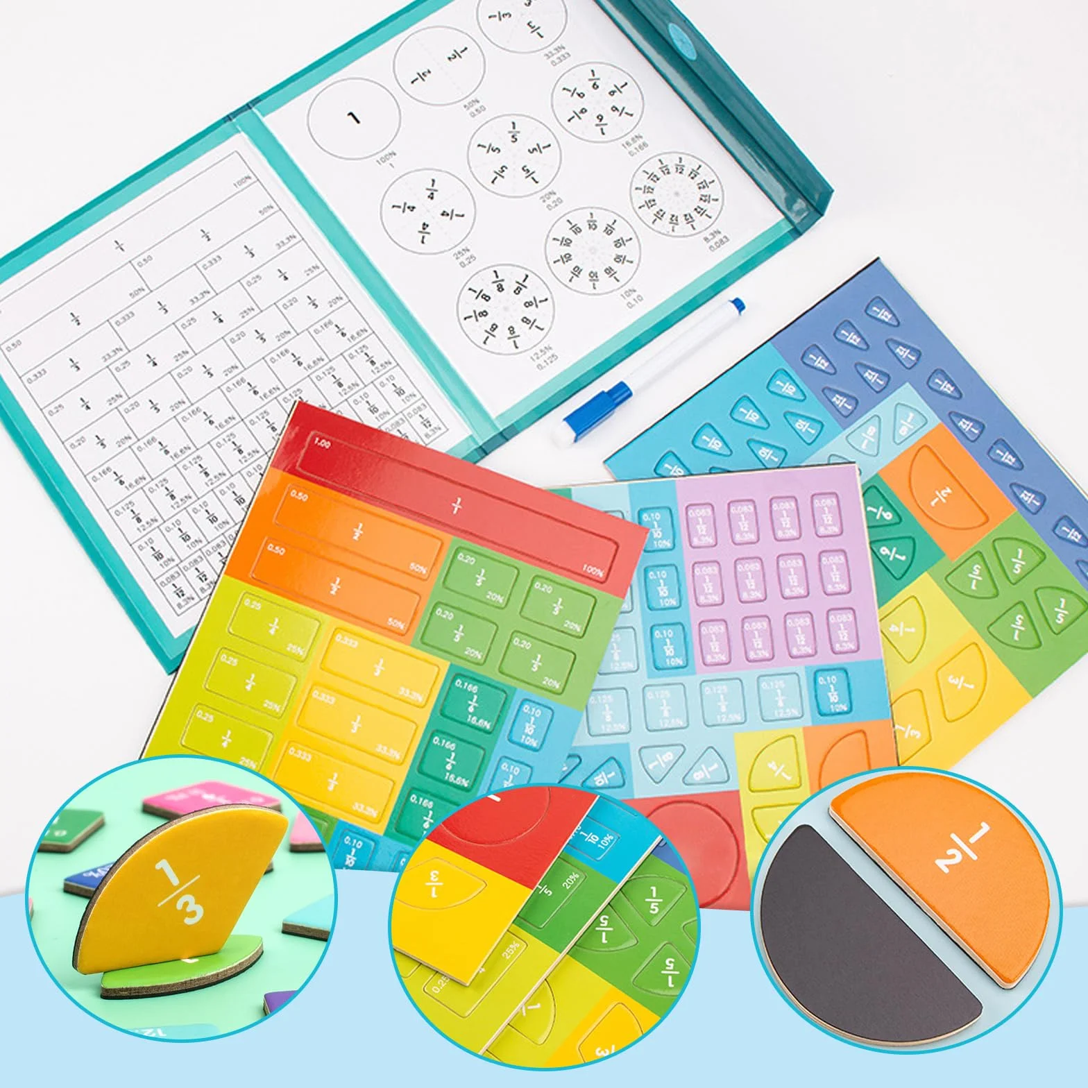 Magnetyczne materiały do liczenia ułamków, materiały do liczenia ułamków Montessori, wielokolorowe nauki liczenia ułamków, paski ułamkowe, Montessori matematyczne zabawki do nauki matematyki ułamkowej