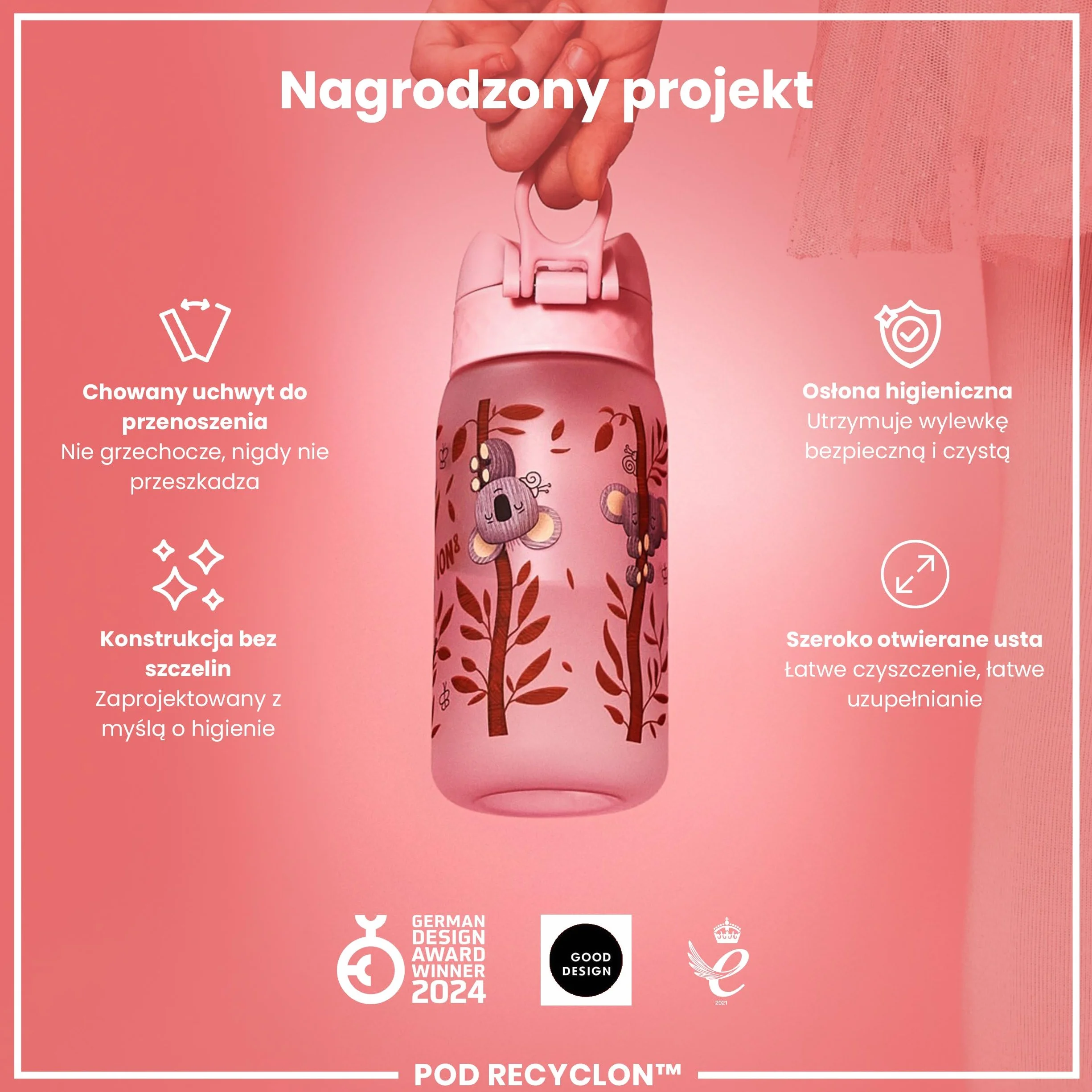 ION8 Butelka dla Dzieci, 350 ml/12 oz, Szczelna, Łatwa do Otwarcia, Bezpieczny Zamek, Można Myć w Zmywarce, Bez BPA, Uchwyt do Przenoszenia, Łatwa do Czyszczenia, Bezwonny, Koale